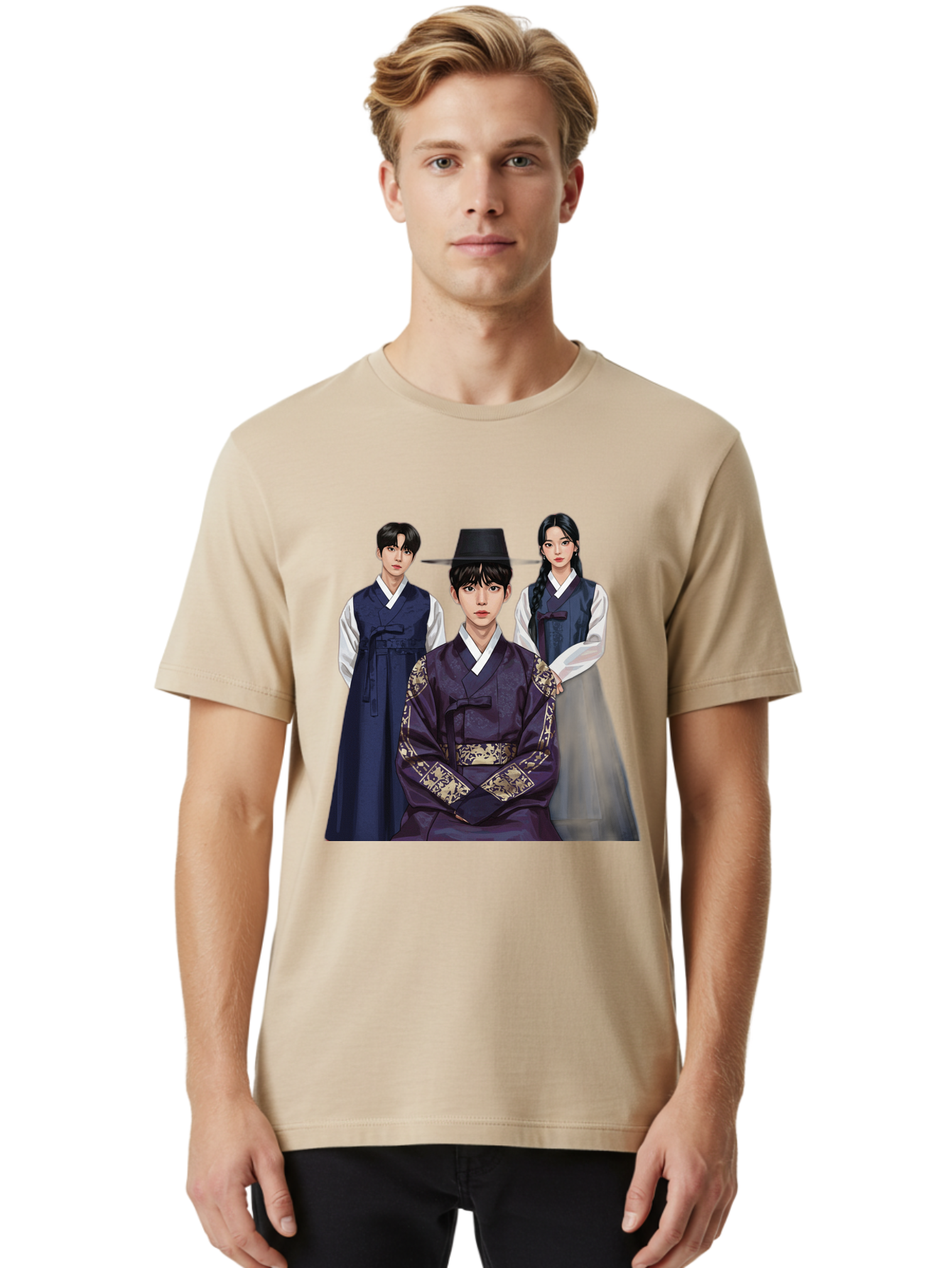 Hanbok-Trio Men'S Graphic Tee, 100% Cotton, Comfortable Casual Summer Wear, Machine Washable, Traditional Korean Clothing, Hanbok Fashion, Cultural Heritage, Korean Attire, Elegant Robes, Historical Dress, Ornate Patterns, Gold Accents, Bac019