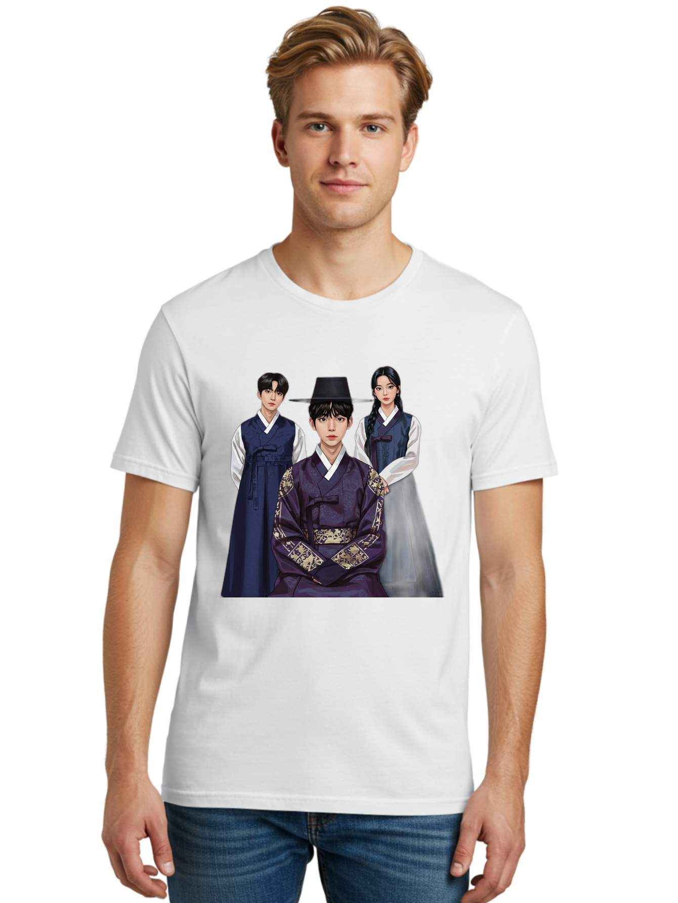 Hanbok-Trio Men'S Graphic Tee, 100% Cotton, Comfortable Casual Summer Wear, Machine Washable, Traditional Korean Clothing, Hanbok Fashion, Cultural Heritage, Korean Attire, Elegant Robes, Historical Dress, Ornate Patterns, Gold Accents, Bac019