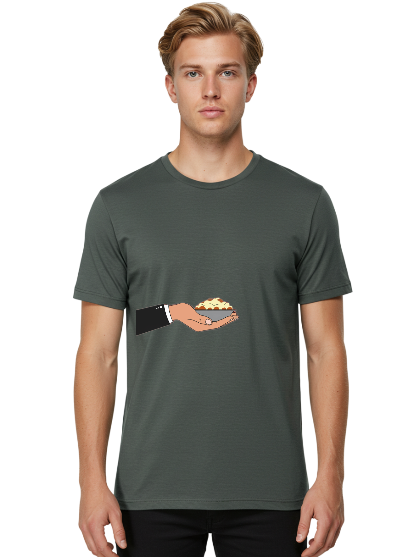 Hand-Holding-Bowl Men'S Graphic Tee, 100% Cotton, Comfortable Casual Summer Wear, Machine Washable, Hand Holding Bowl, Cartoon Style, Food Presentation, Serving Dish, Culinary Illustration, Serving Staff, Dinner Service, Food Art, Bac020