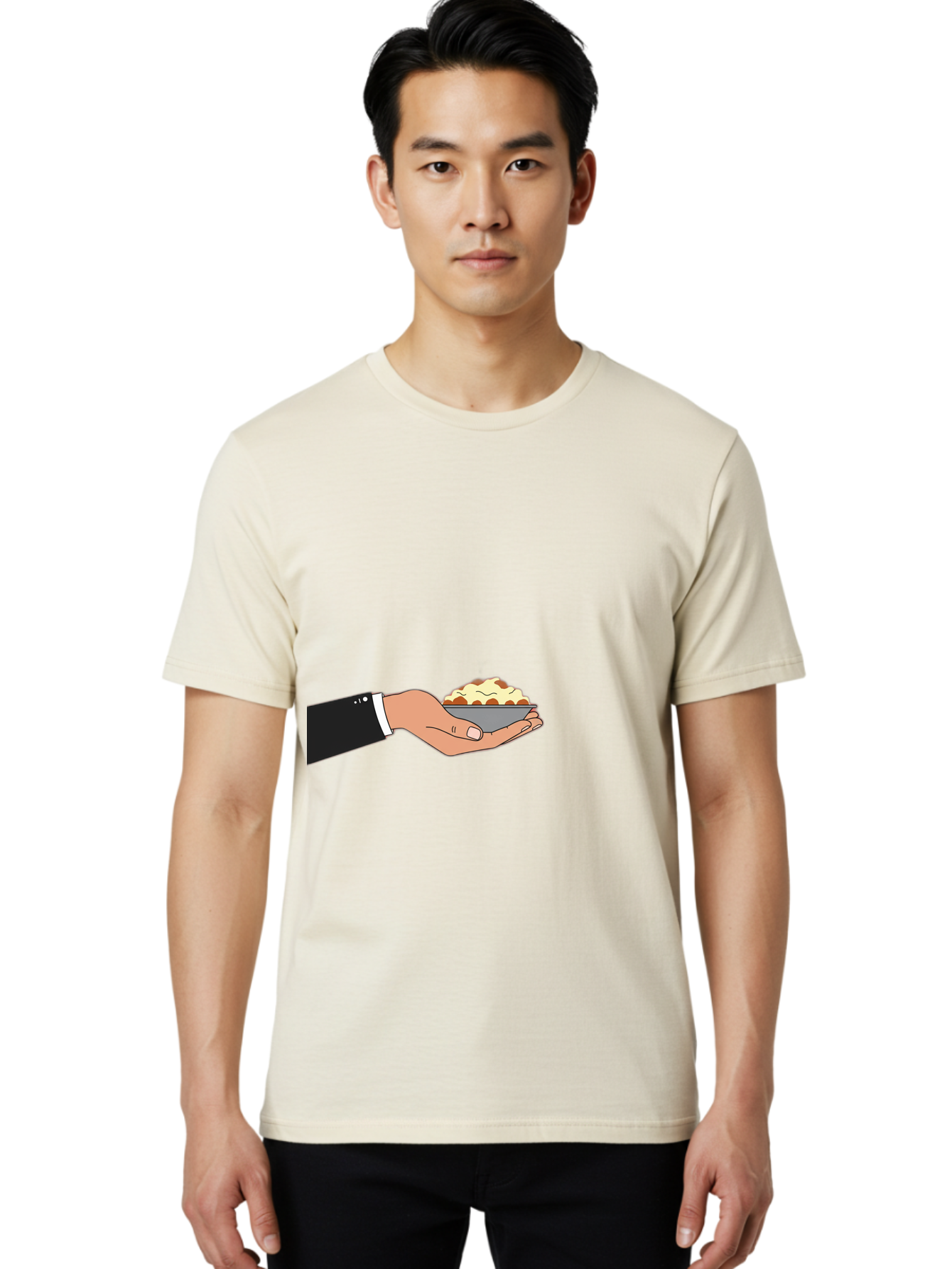 Hand-Holding-Bowl Men'S Graphic Tee, 100% Cotton, Comfortable Casual Summer Wear, Machine Washable, Hand Holding Bowl, Cartoon Style, Food Presentation, Serving Dish, Culinary Illustration, Serving Staff, Dinner Service, Food Art, Bac020