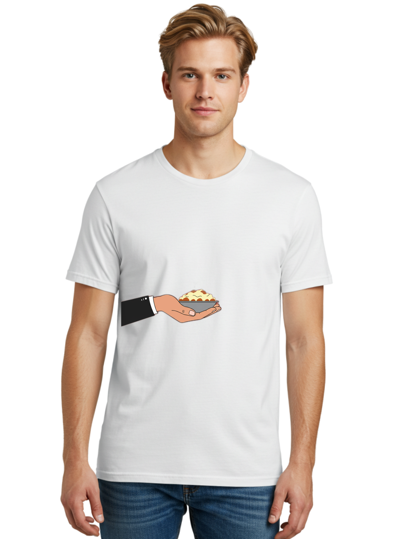 Hand-Holding-Bowl Men'S Graphic Tee, 100% Cotton, Comfortable Casual Summer Wear, Machine Washable, Hand Holding Bowl, Cartoon Style, Food Presentation, Serving Dish, Culinary Illustration, Serving Staff, Dinner Service, Food Art, Bac020