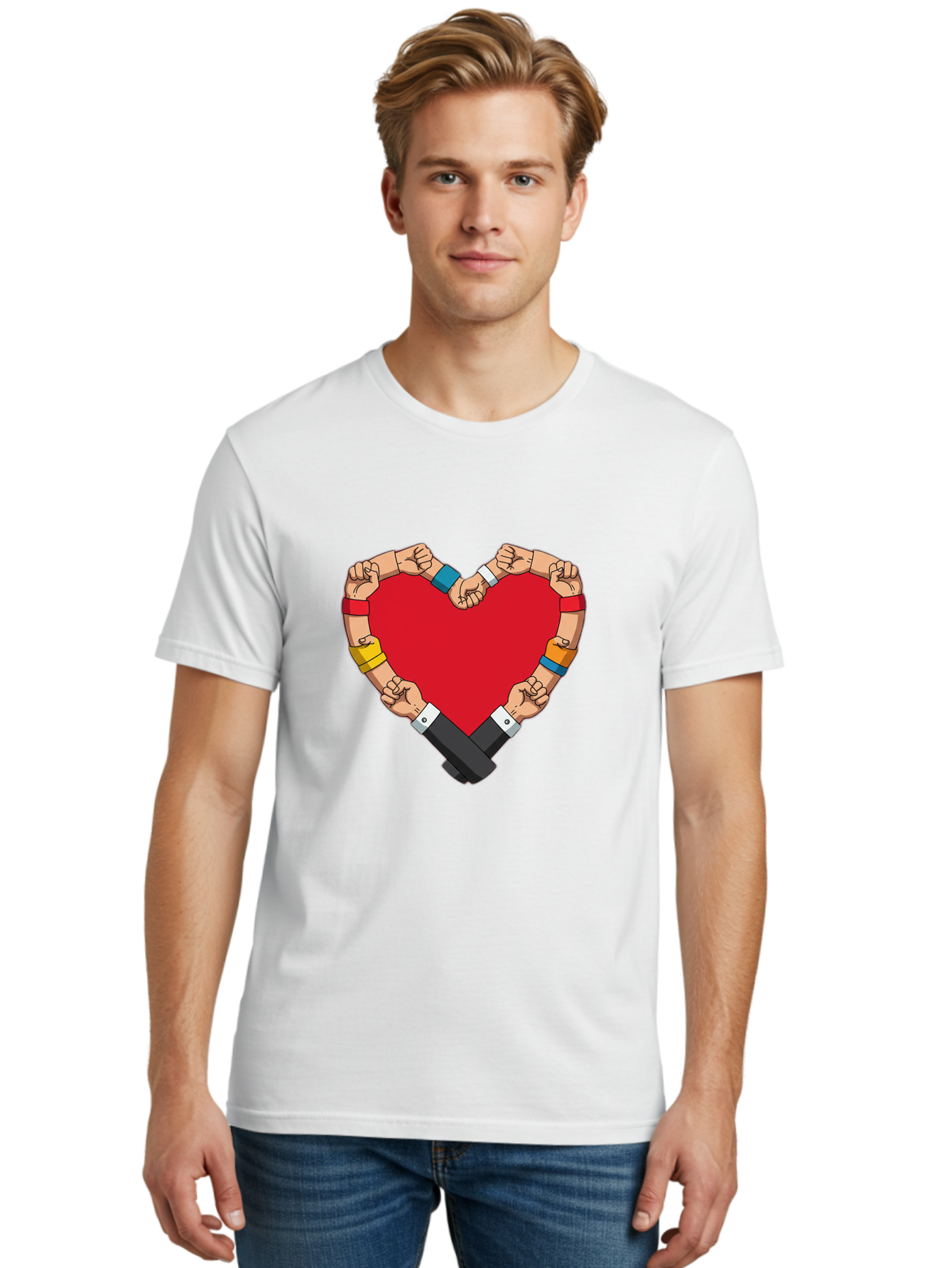 Hands-Forming-Heart-1 Men'S Graphic Tee, 100% Cotton, Comfortable Casual Summer Wear, Machine Washable, Hands Holding Heart, Unity, Solidarity, Social Justice, Human Rights, Love, Community, Togetherness, Diversity, Activism, Empowerment Bac022