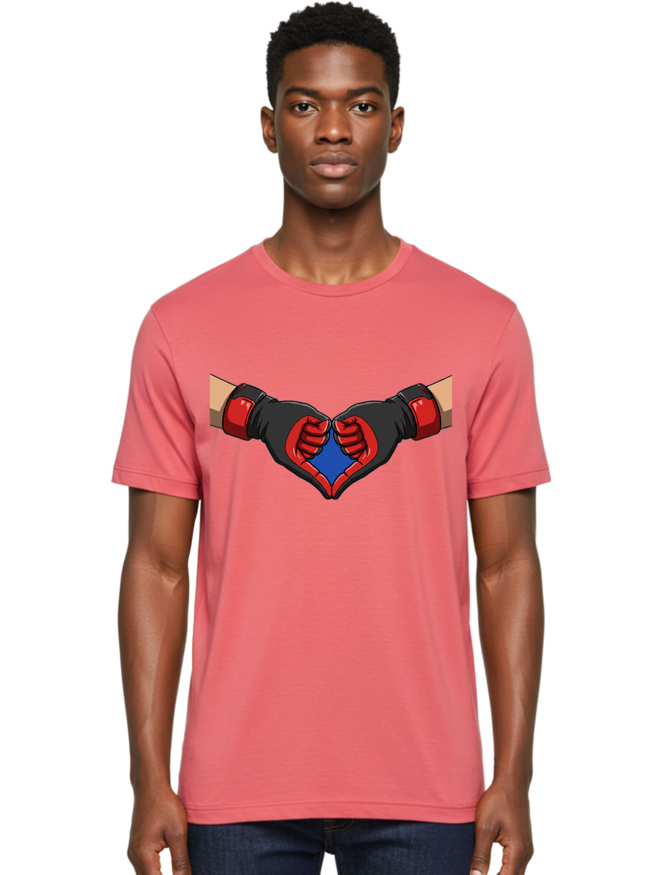 Hands-Forming-Heart-2 Men'S Graphic Tee, 100% Cotton, Comfortable Casual Summer Wear, Machine Washable, Hands Forming A Heart Shape, Black And Red Boxing Gloves, Blue Heart Center, Cartoon Illustration, Hand Gesture, Symbolic Heart Shape, Bac023