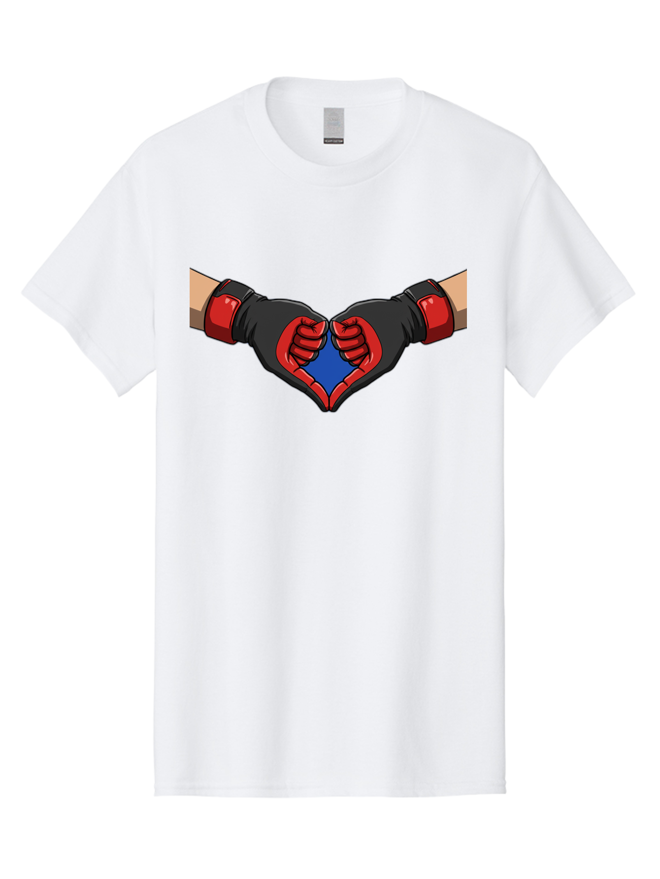 Hands-Forming-Heart-2 Men'S Graphic Tee, 100% Cotton, Comfortable Casual Summer Wear, Machine Washable, Hands Forming A Heart Shape, Black And Red Boxing Gloves, Blue Heart Center, Cartoon Illustration, Hand Gesture, Symbolic Heart Shape, Bac023