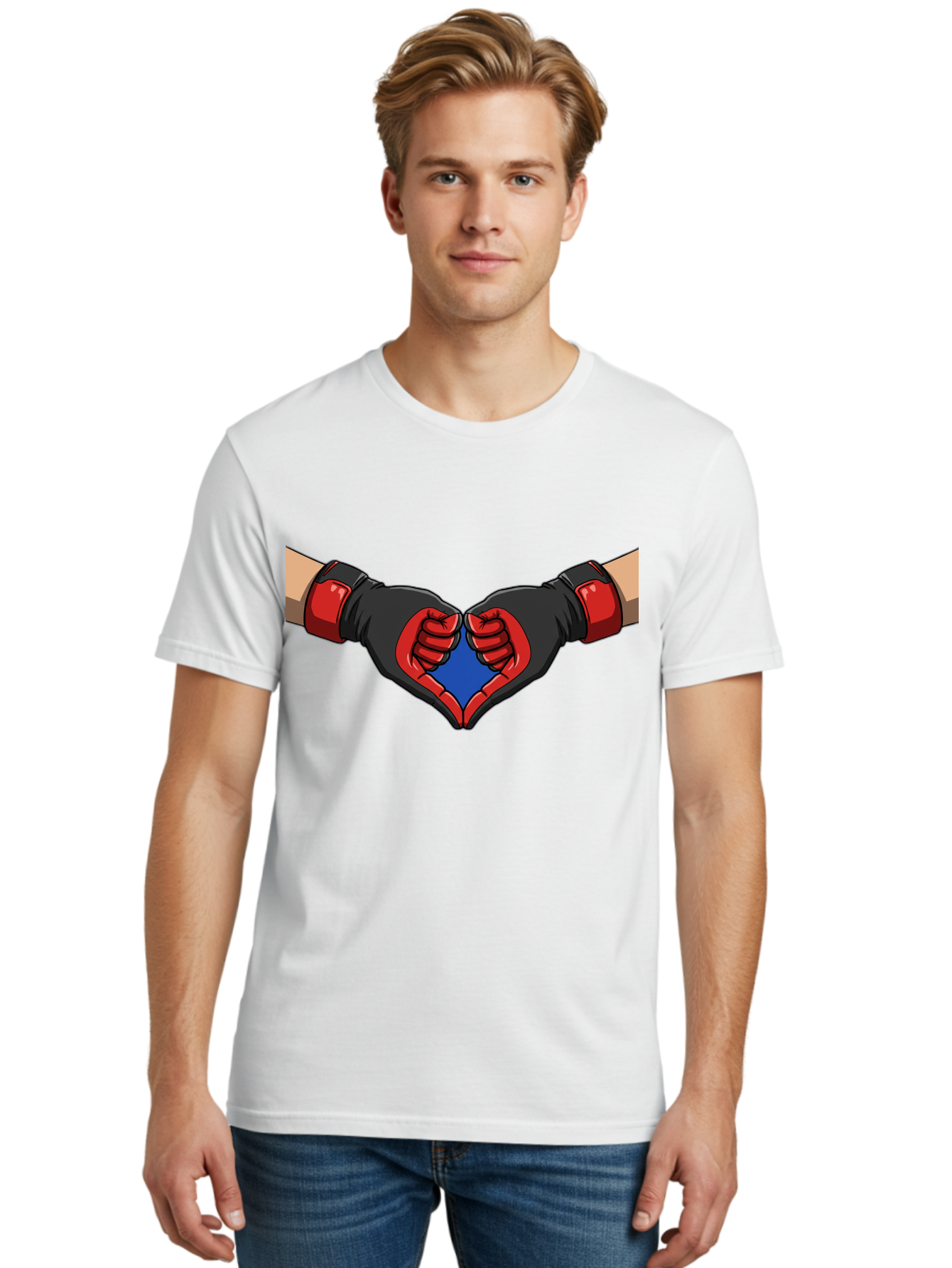 Hands-Forming-Heart-2 Men'S Graphic Tee, 100% Cotton, Comfortable Casual Summer Wear, Machine Washable, Hands Forming A Heart Shape, Black And Red Boxing Gloves, Blue Heart Center, Cartoon Illustration, Hand Gesture, Symbolic Heart Shape, Bac023