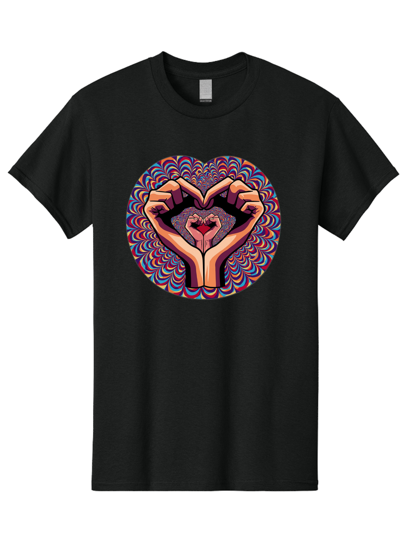 Hands-Forming-Heart-5 Men'S Graphic Tee, 100% Cotton, Comfortable Casual Summer Wear, Machine Washable, Hands Forming A Heart Shape, Psychedelic Art, Rainbow Colors, Vibrant Patterns, Love Symbol, Hand Gesture, Artistic Expression, Bac026