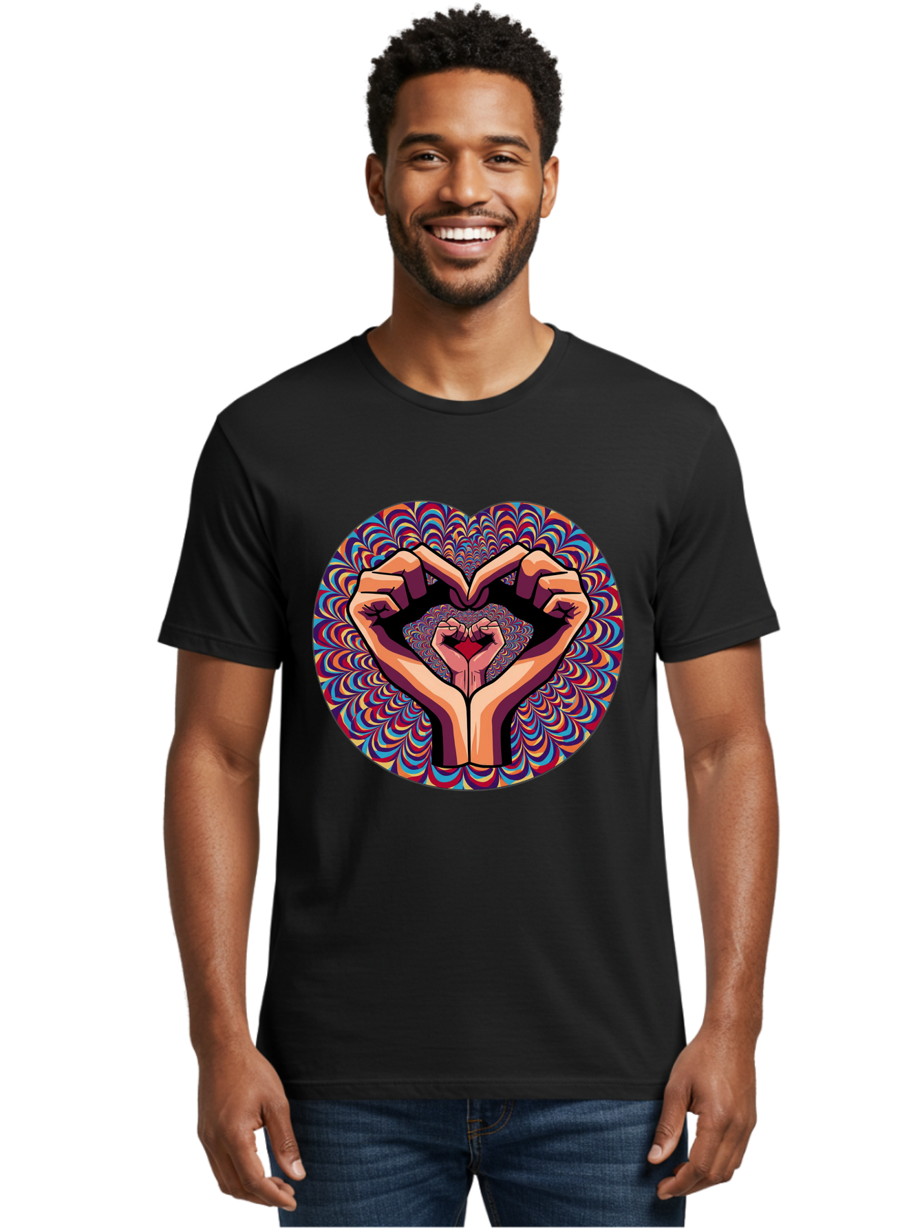 Hands-Forming-Heart-5 Men'S Graphic Tee, 100% Cotton, Comfortable Casual Summer Wear, Machine Washable, Hands Forming A Heart Shape, Psychedelic Art, Rainbow Colors, Vibrant Patterns, Love Symbol, Hand Gesture, Artistic Expression, Bac026