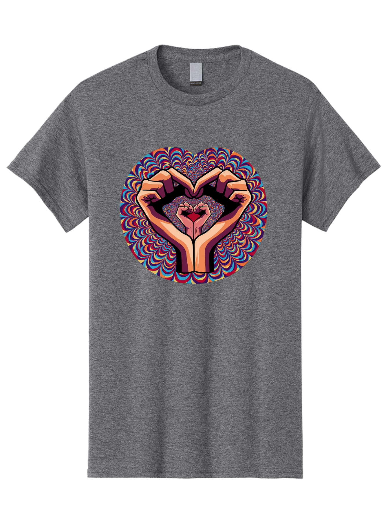 Hands-Forming-Heart-5 Men'S Graphic Tee, 100% Cotton, Comfortable Casual Summer Wear, Machine Washable, Hands Forming A Heart Shape, Psychedelic Art, Rainbow Colors, Vibrant Patterns, Love Symbol, Hand Gesture, Artistic Expression, Bac026