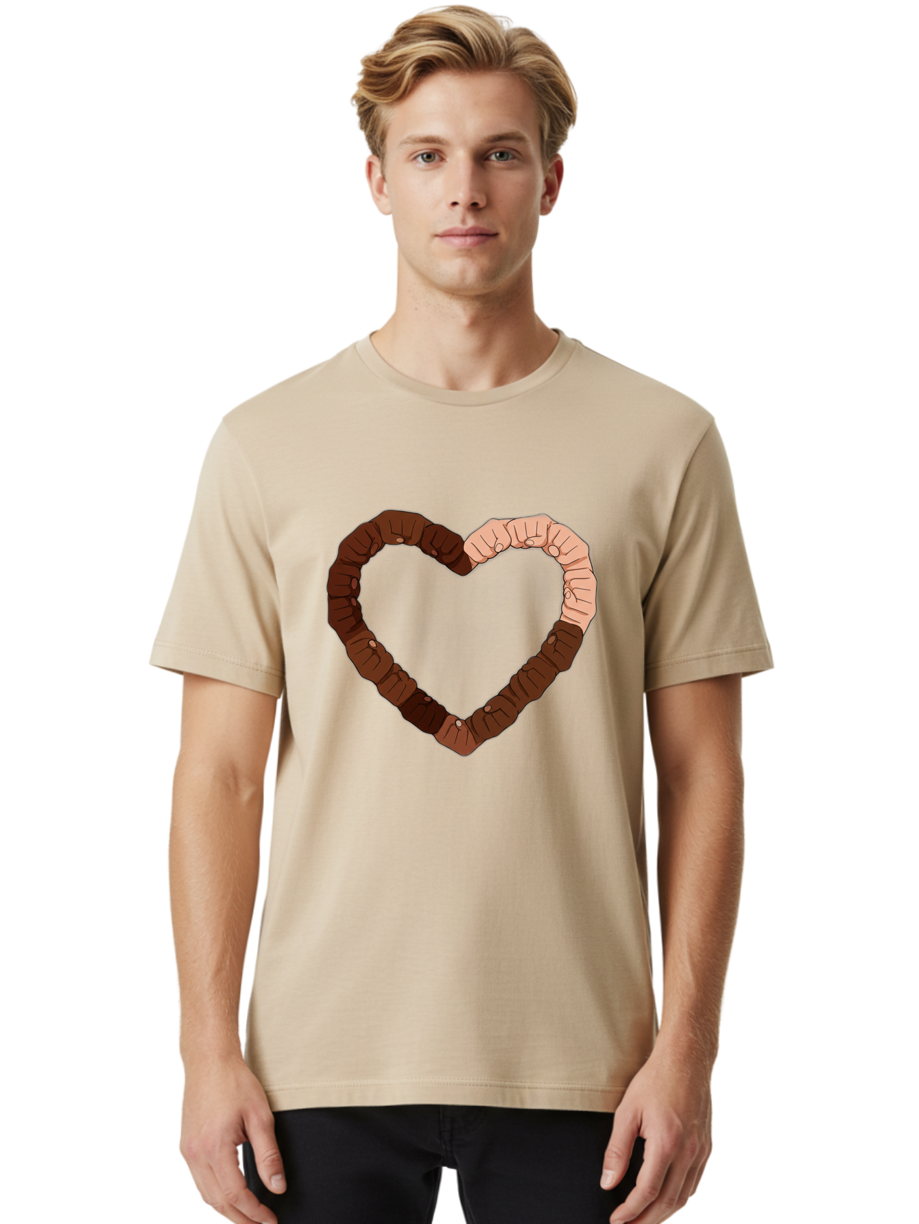 Hands-Forming-Heart Men'S Graphic Tee, 100% Cotton, Comfortable Casual Summer Wear, Machine Washable, Diverse Hands Forming Heart, Unity And Love Symbol, Multicultural Unity, Solidarity, Togetherness, Hand Holding Illustration, Bac027