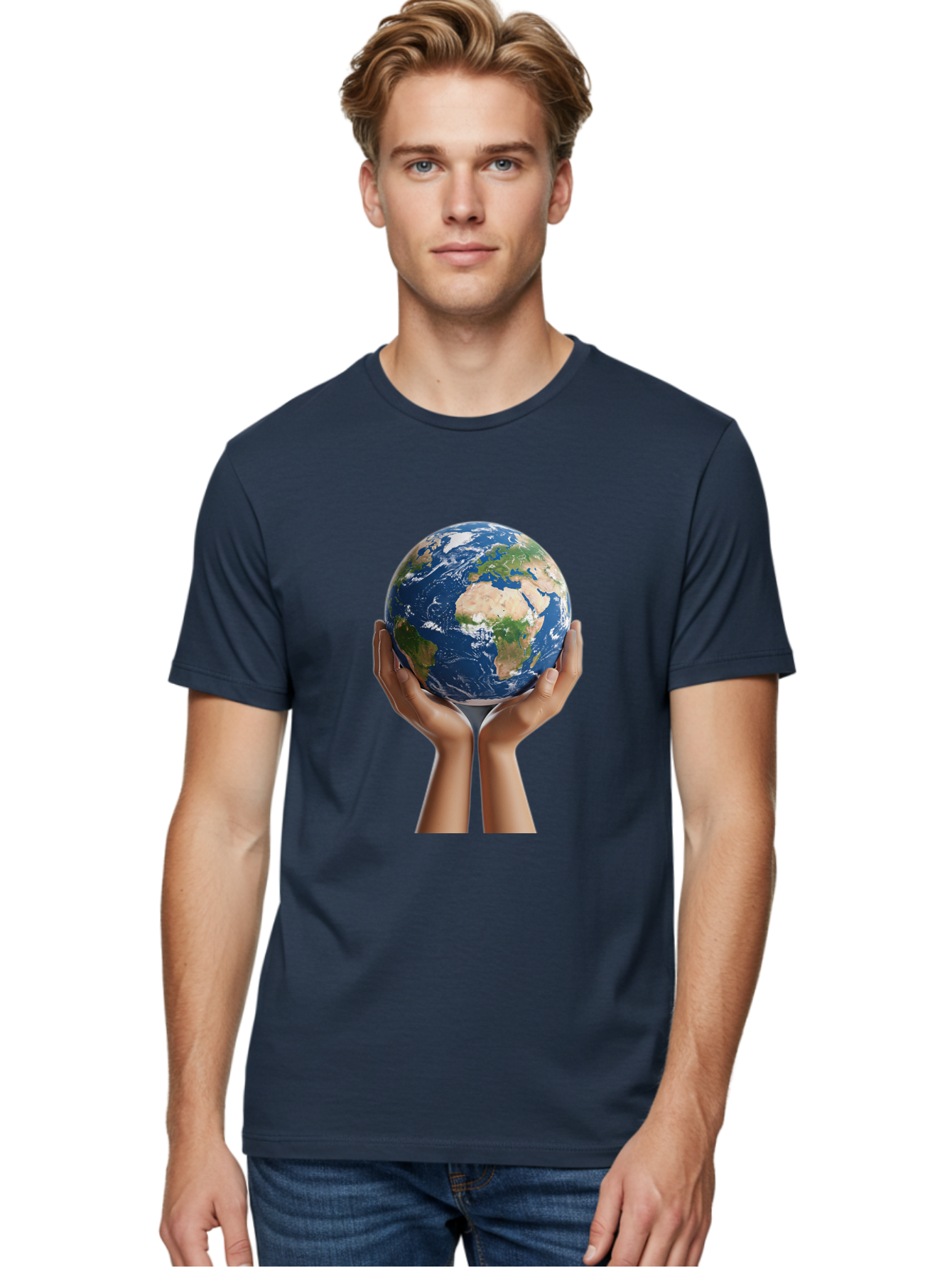Hands-Holding-Earth Men'S Graphic Tee, 100% Cotton, Comfortable Casual Summer Wear, Machine Washable, Hands Holding The Earth, Global Unity, Environmental Conservation, World Peace, Earth'S Beauty, Human Connection, Global Citizenship, Bac028