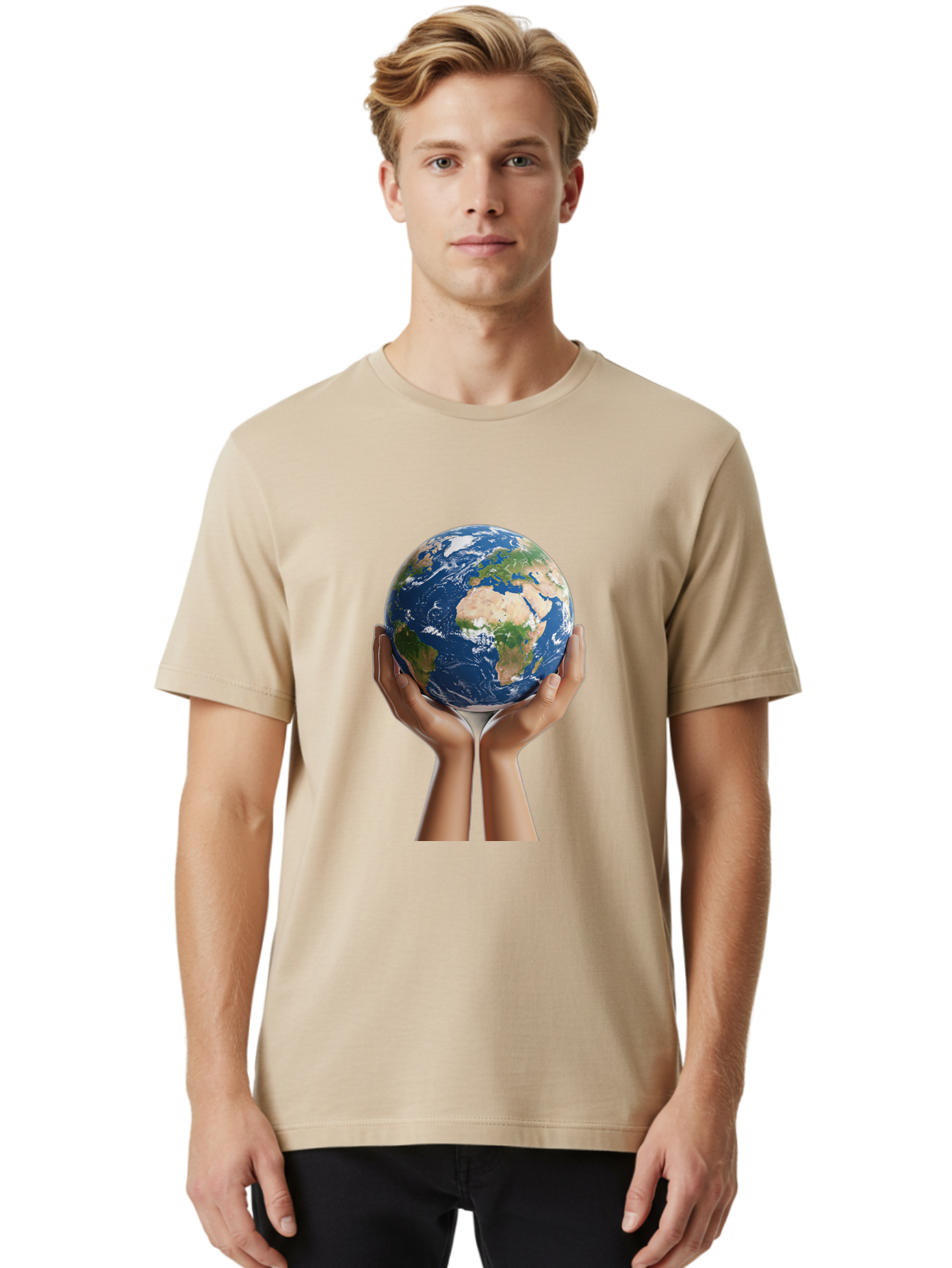 Hands-Holding-Earth Men'S Graphic Tee, 100% Cotton, Comfortable Casual Summer Wear, Machine Washable, Hands Holding The Earth, Global Unity, Environmental Conservation, World Peace, Earth'S Beauty, Human Connection, Global Citizenship, Bac028
