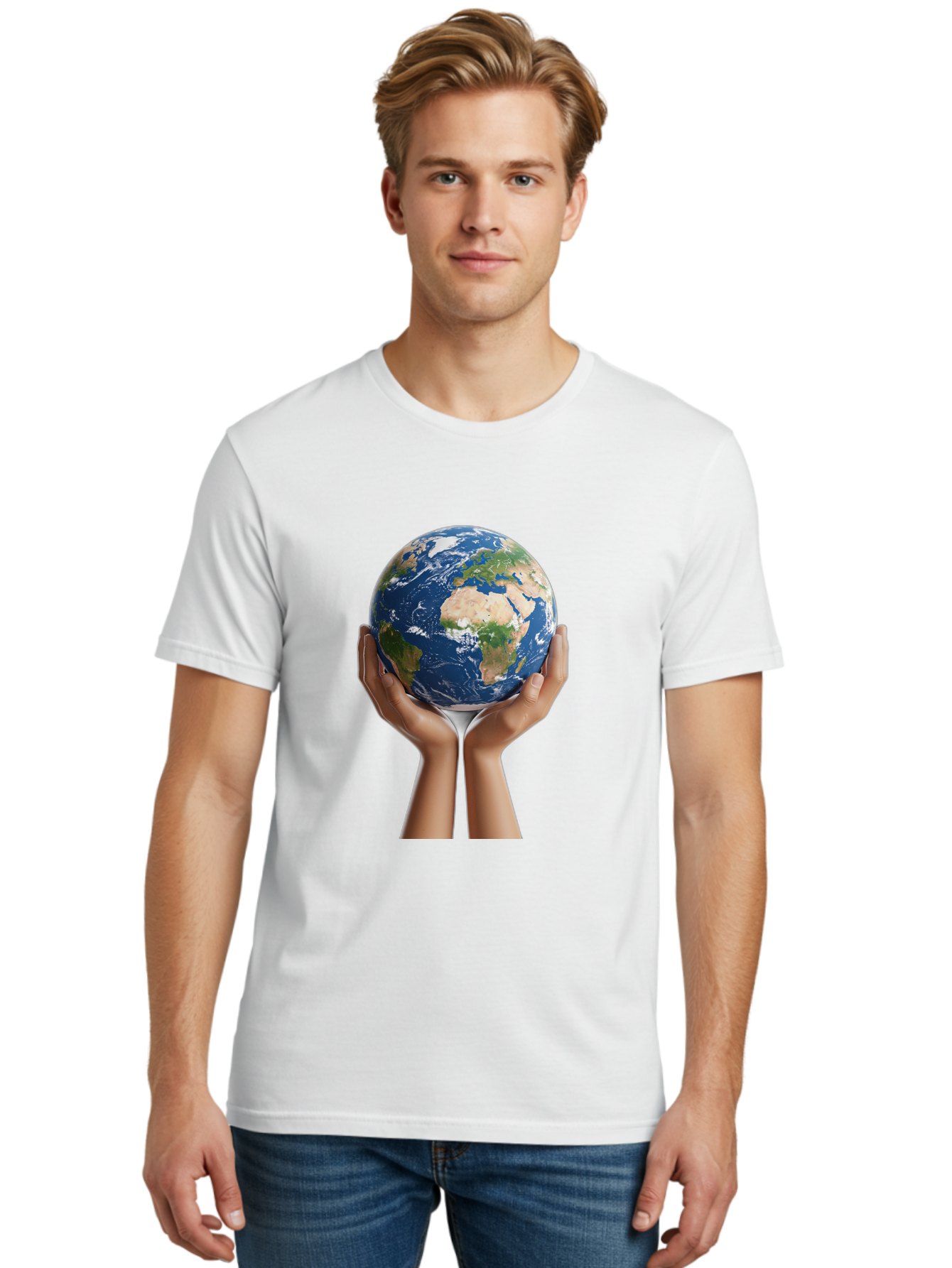 Hands-Holding-Earth Men'S Graphic Tee, 100% Cotton, Comfortable Casual Summer Wear, Machine Washable, Hands Holding The Earth, Global Unity, Environmental Conservation, World Peace, Earth'S Beauty, Human Connection, Global Citizenship, Bac028