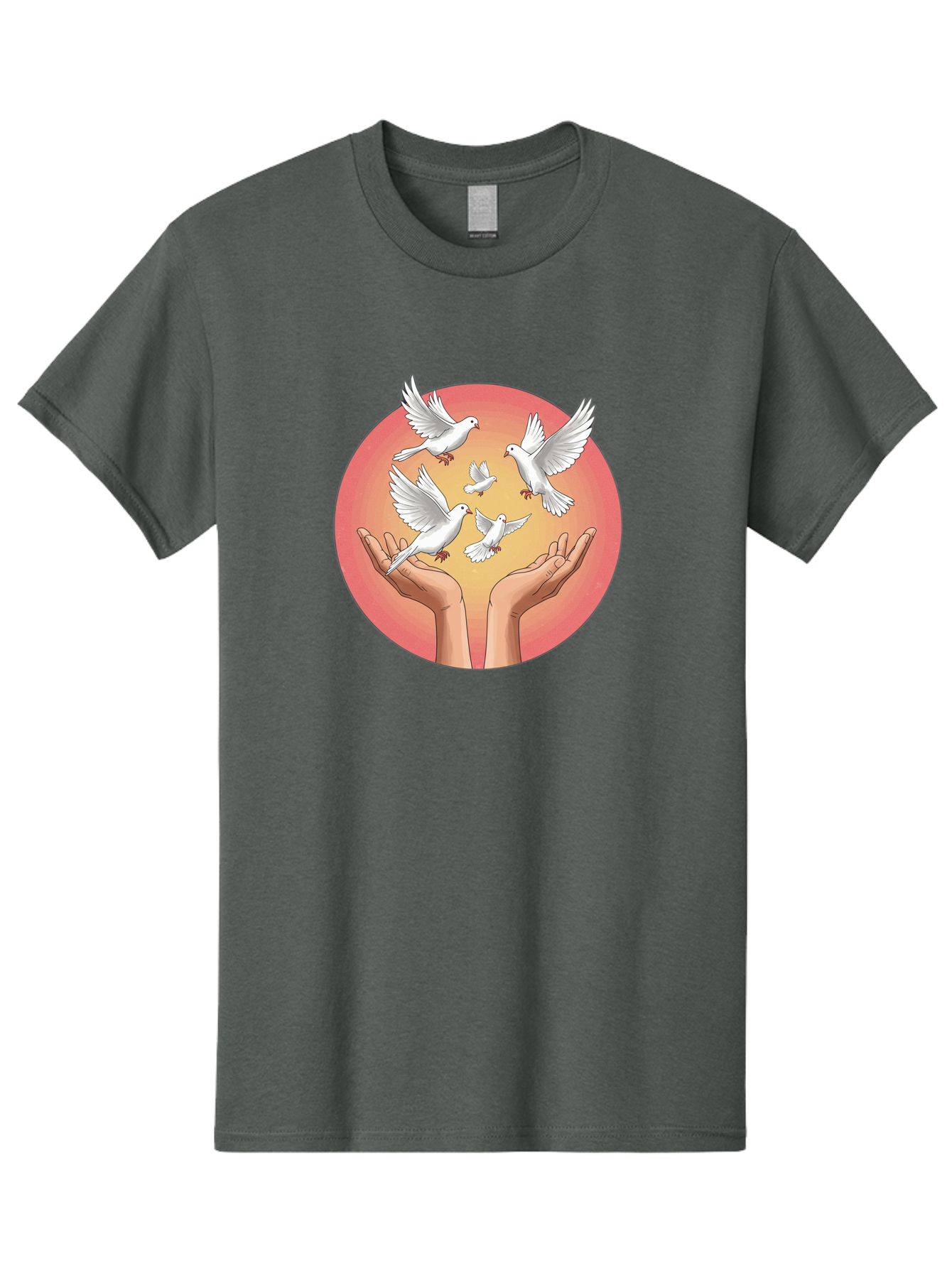Hands-Releasing-Doves Men'S Graphic Tee, 100% Cotton, Comfortable Casual Summer Wear, Machine Washable, Doves Flying Away, Hands Releasing Birds, White Doves, Peaceful Release, Liberation, Freedom, Gentle Hands, Peaceful Atmosphere, Bac030