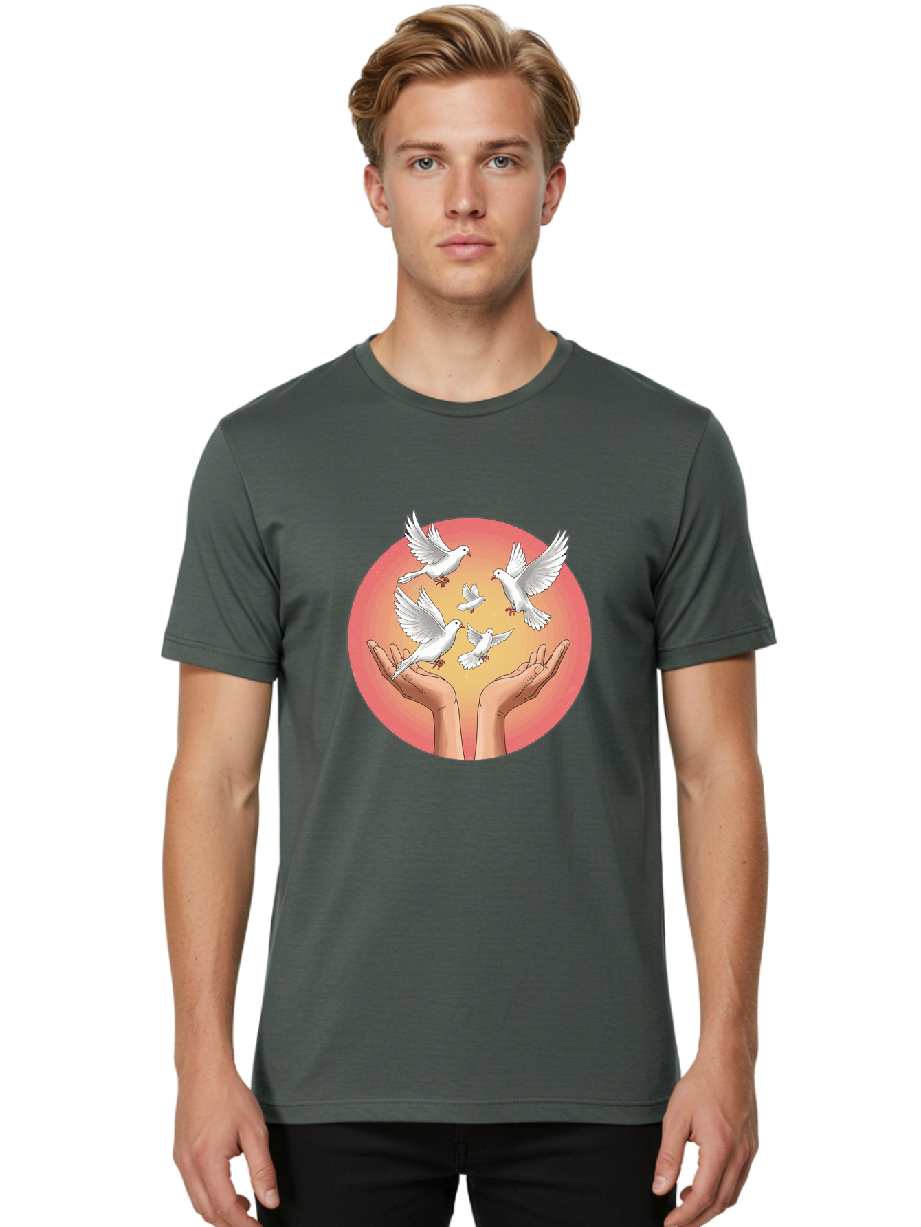 Hands-Releasing-Doves Men'S Graphic Tee, 100% Cotton, Comfortable Casual Summer Wear, Machine Washable, Doves Flying Away, Hands Releasing Birds, White Doves, Peaceful Release, Liberation, Freedom, Gentle Hands, Peaceful Atmosphere, Bac030