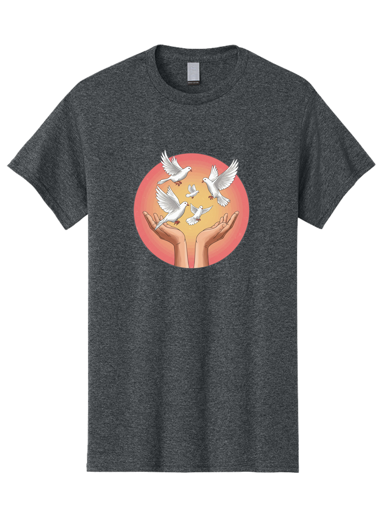 Hands-Releasing-Doves Men'S Graphic Tee, 100% Cotton, Comfortable Casual Summer Wear, Machine Washable, Doves Flying Away, Hands Releasing Birds, White Doves, Peaceful Release, Liberation, Freedom, Gentle Hands, Peaceful Atmosphere, Bac030
