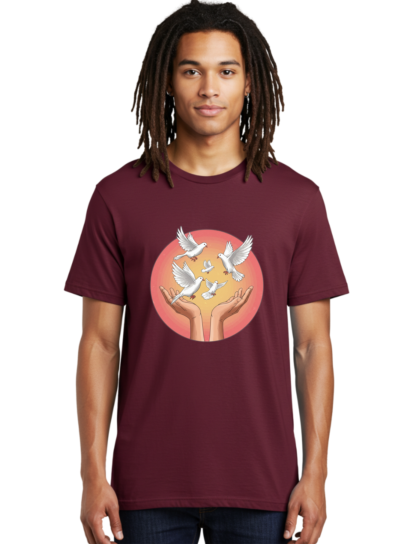 Hands-Releasing-Doves Men'S Graphic Tee, 100% Cotton, Comfortable Casual Summer Wear, Machine Washable, Doves Flying Away, Hands Releasing Birds, White Doves, Peaceful Release, Liberation, Freedom, Gentle Hands, Peaceful Atmosphere, Bac030