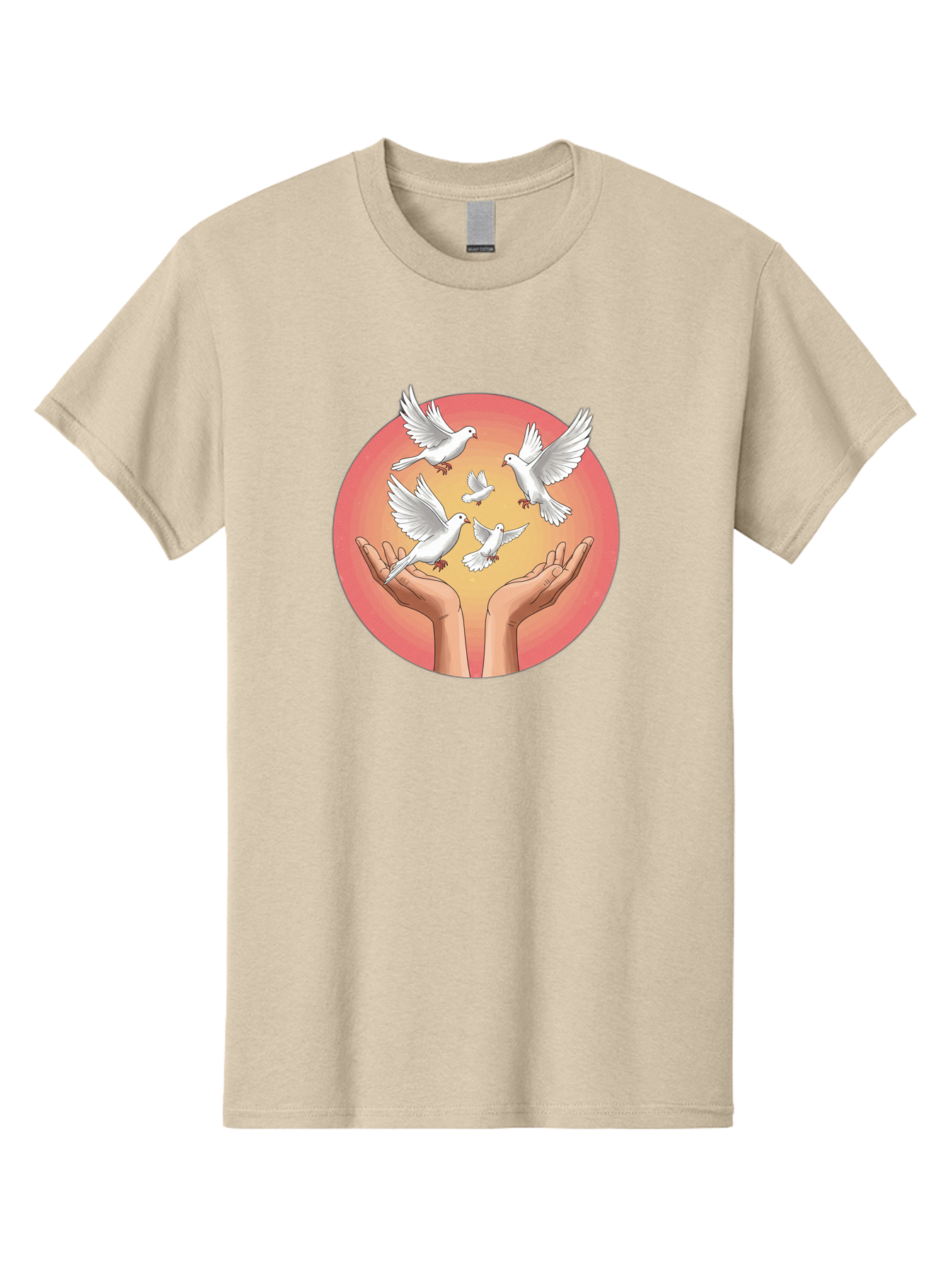 Hands-Releasing-Doves Men'S Graphic Tee, 100% Cotton, Comfortable Casual Summer Wear, Machine Washable, Doves Flying Away, Hands Releasing Birds, White Doves, Peaceful Release, Liberation, Freedom, Gentle Hands, Peaceful Atmosphere, Bac030