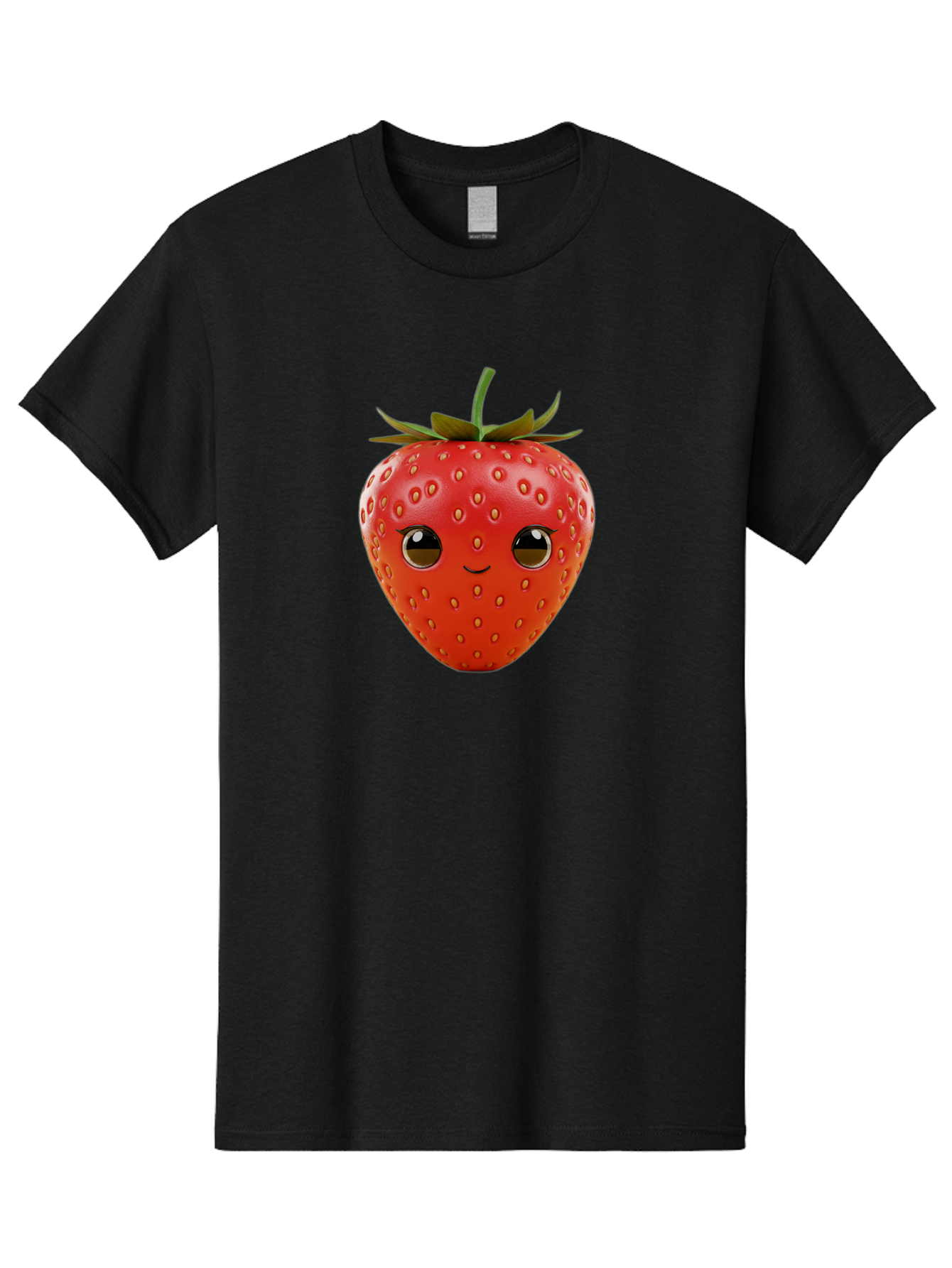 Happy-Strawberry-1 Men'S Graphic Tee, 100% Cotton, Comfortable Casual Summer Wear, Machine Washable, Cartoon Strawberry, Adorable Fruit, Smiling Face, Cute Character, Vibrant Red Color, Yellow Seeds, Playful Personality, Funny Expression, Bac032