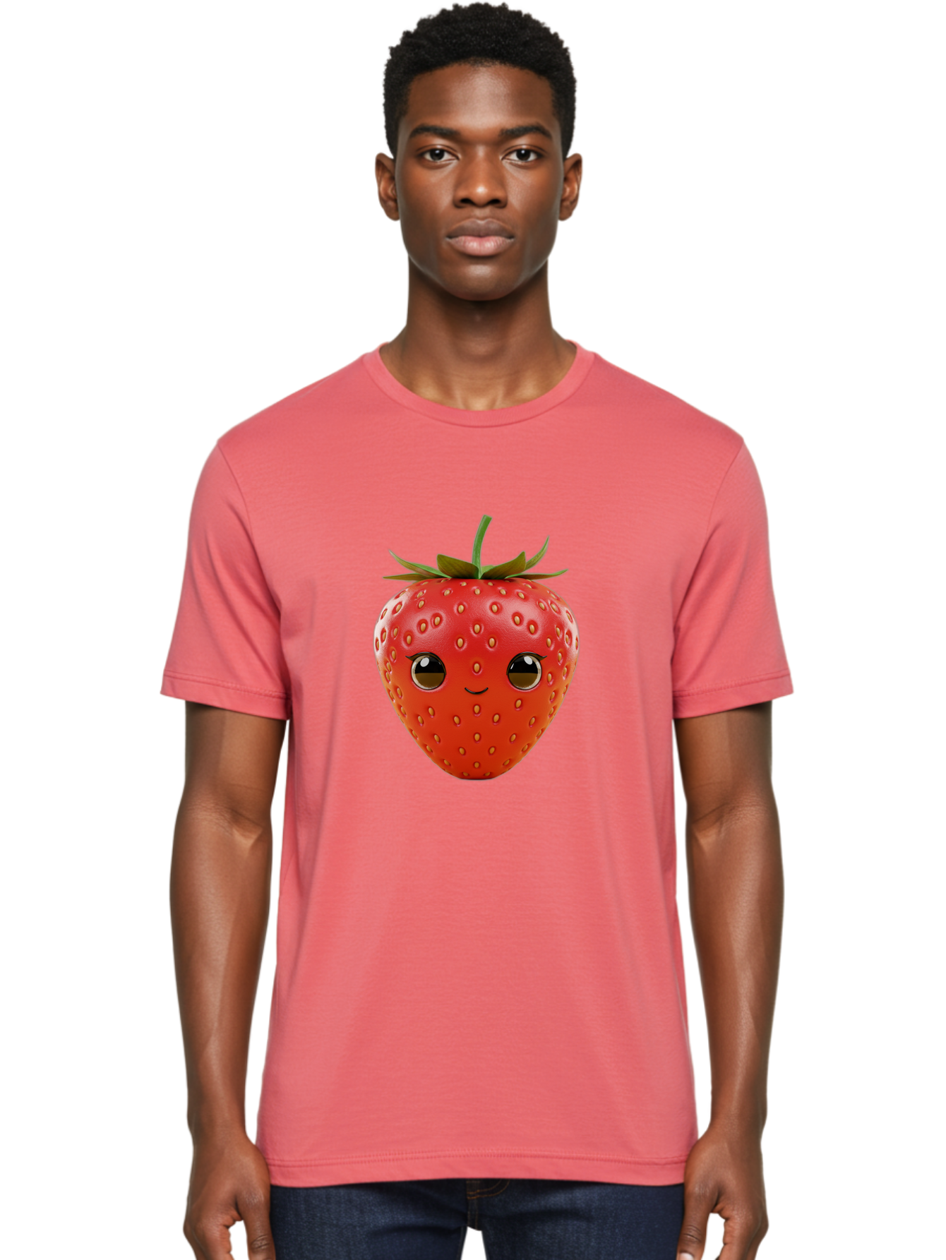 Happy-Strawberry-1 Men'S Graphic Tee, 100% Cotton, Comfortable Casual Summer Wear, Machine Washable, Cartoon Strawberry, Adorable Fruit, Smiling Face, Cute Character, Vibrant Red Color, Yellow Seeds, Playful Personality, Funny Expression, Bac032