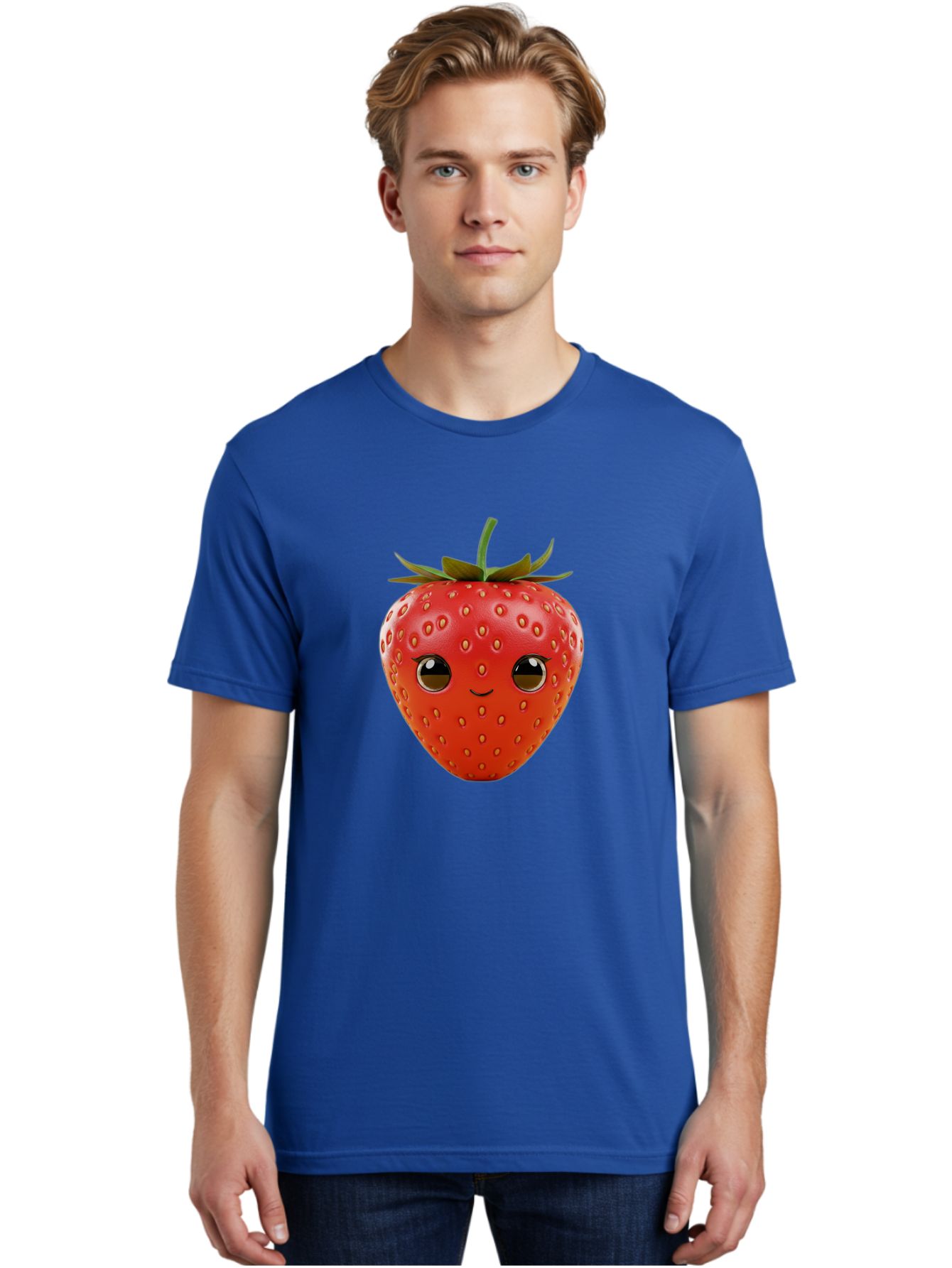 Happy-Strawberry-1 Men'S Graphic Tee, 100% Cotton, Comfortable Casual Summer Wear, Machine Washable, Cartoon Strawberry, Adorable Fruit, Smiling Face, Cute Character, Vibrant Red Color, Yellow Seeds, Playful Personality, Funny Expression, Bac032