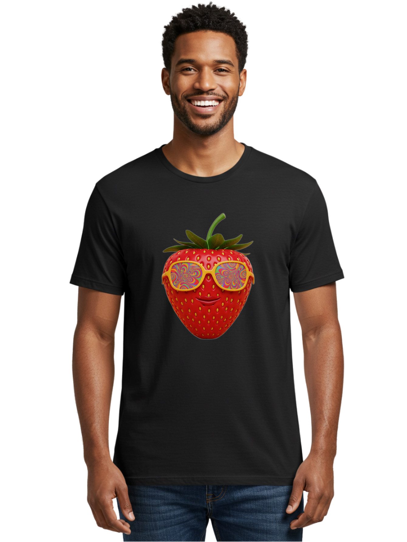 Happy-Strawberry Men'S Graphic Tee, 100% Cotton, Comfortable Casual Summer Wear, Machine Washable, Strawberry Character, Psychedelic Sunglasses, Vibrant Colors, Smiling Face, Fruit Illustration, Surreal Art, Whimsical Design, Bac033