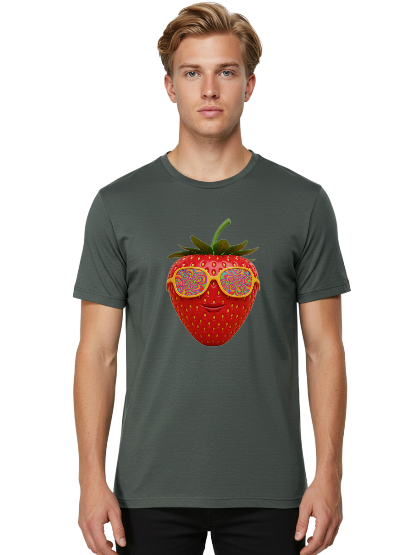Happy-Strawberry Men'S Graphic Tee, 100% Cotton, Comfortable Casual Summer Wear, Machine Washable, Strawberry Character, Psychedelic Sunglasses, Vibrant Colors, Smiling Face, Fruit Illustration, Surreal Art, Whimsical Design, Bac033