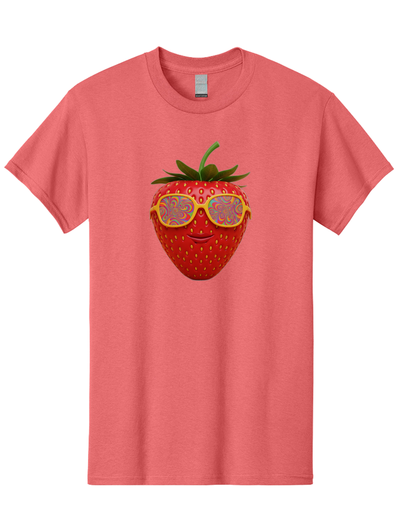Happy-Strawberry Men'S Graphic Tee, 100% Cotton, Comfortable Casual Summer Wear, Machine Washable, Strawberry Character, Psychedelic Sunglasses, Vibrant Colors, Smiling Face, Fruit Illustration, Surreal Art, Whimsical Design, Bac033
