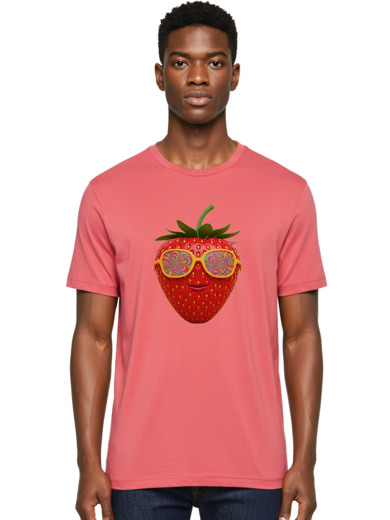 Happy-Strawberry Men'S Graphic Tee, 100% Cotton, Comfortable Casual Summer Wear, Machine Washable, Strawberry Character, Psychedelic Sunglasses, Vibrant Colors, Smiling Face, Fruit Illustration, Surreal Art, Whimsical Design, Bac033