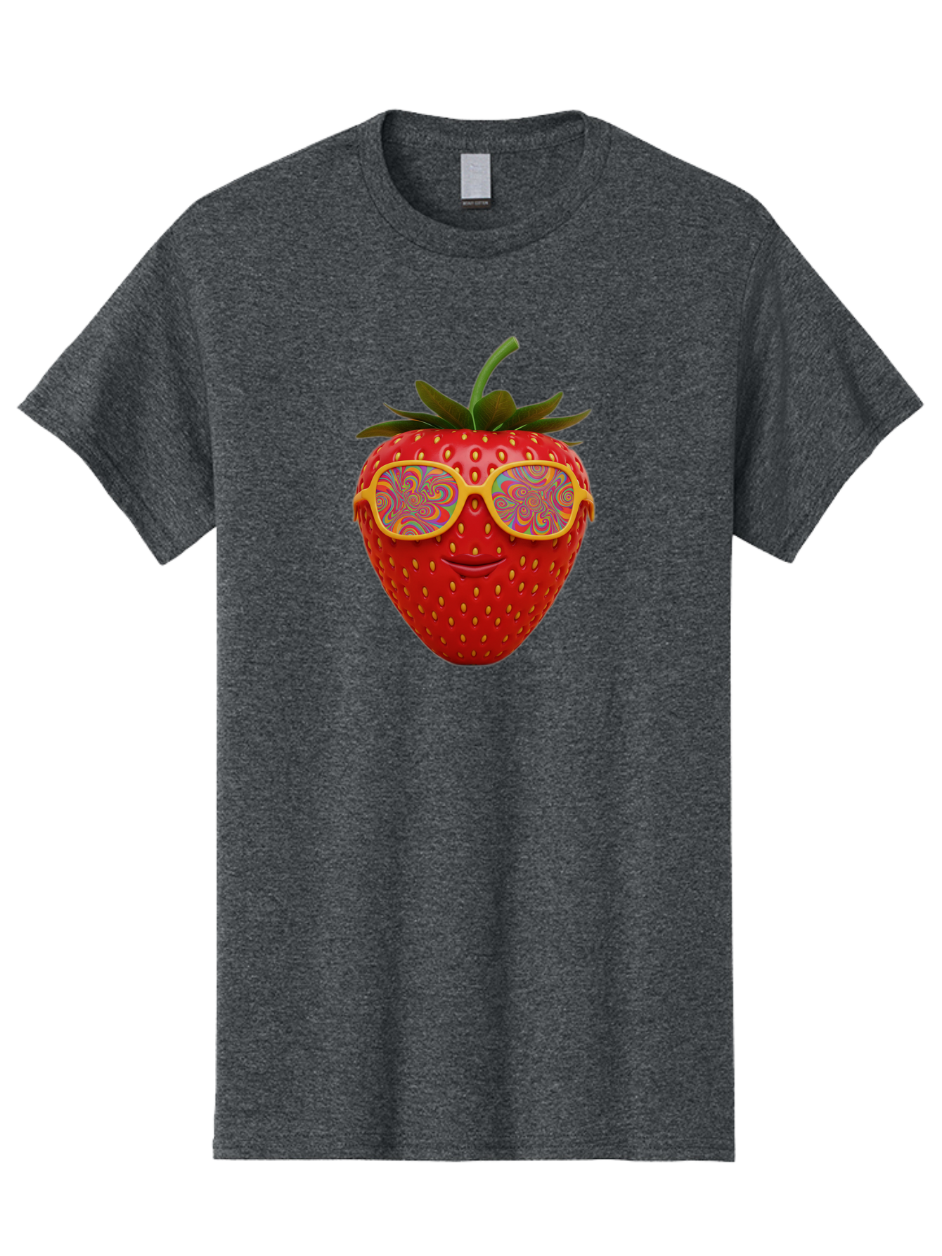 Happy-Strawberry Men'S Graphic Tee, 100% Cotton, Comfortable Casual Summer Wear, Machine Washable, Strawberry Character, Psychedelic Sunglasses, Vibrant Colors, Smiling Face, Fruit Illustration, Surreal Art, Whimsical Design, Bac033