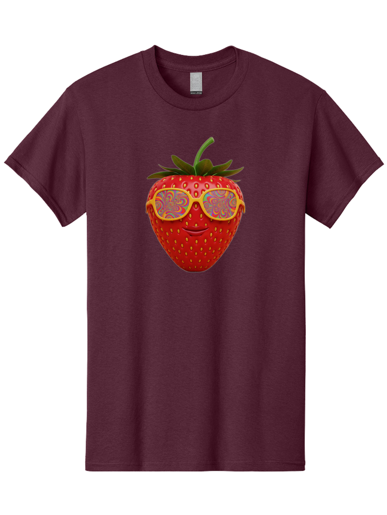 Happy-Strawberry Men'S Graphic Tee, 100% Cotton, Comfortable Casual Summer Wear, Machine Washable, Strawberry Character, Psychedelic Sunglasses, Vibrant Colors, Smiling Face, Fruit Illustration, Surreal Art, Whimsical Design, Bac033
