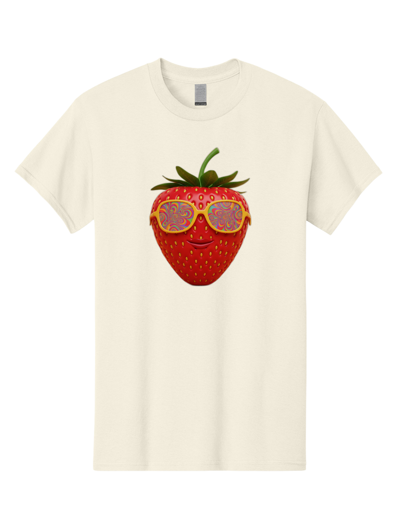 Happy-Strawberry Men'S Graphic Tee, 100% Cotton, Comfortable Casual Summer Wear, Machine Washable, Strawberry Character, Psychedelic Sunglasses, Vibrant Colors, Smiling Face, Fruit Illustration, Surreal Art, Whimsical Design, Bac033