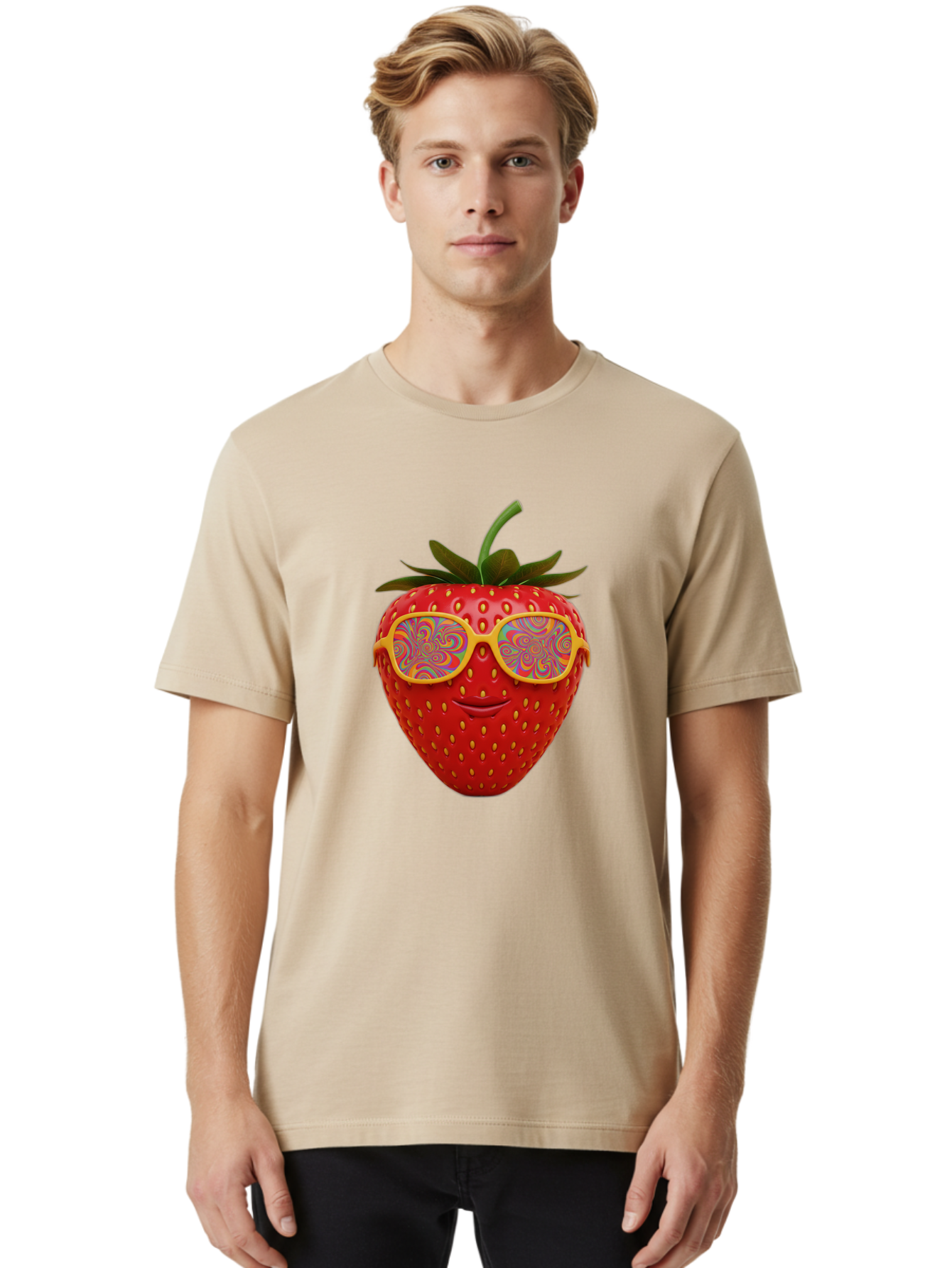 Happy-Strawberry Men'S Graphic Tee, 100% Cotton, Comfortable Casual Summer Wear, Machine Washable, Strawberry Character, Psychedelic Sunglasses, Vibrant Colors, Smiling Face, Fruit Illustration, Surreal Art, Whimsical Design, Bac033