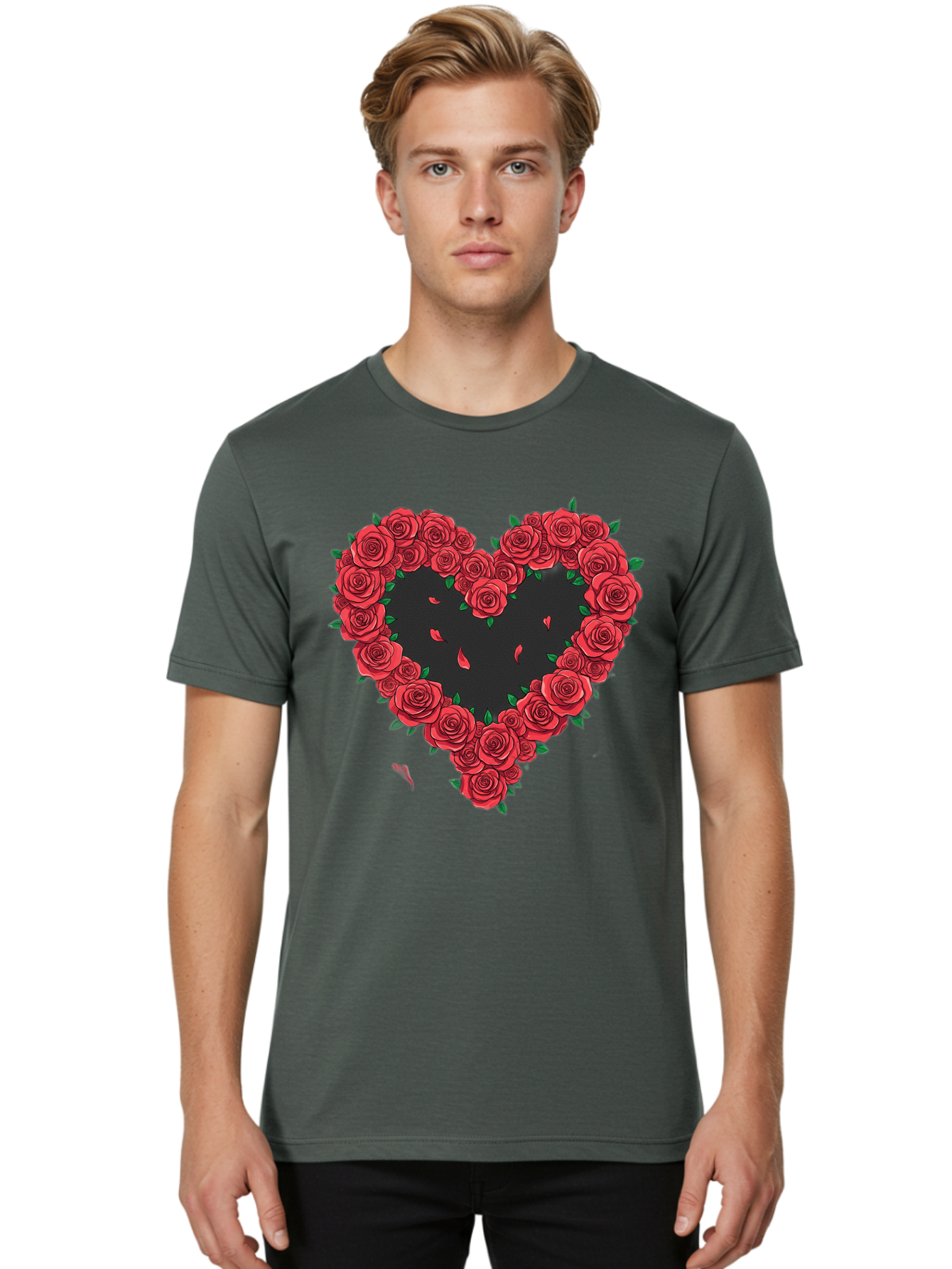 Heart-Of-Roses Men'S Graphic Tee, 100% Cotton, Comfortable Casual Summer Wear, Machine Washable, Heart Shape, Red Roses, Floral Arrangement, Love Symbol, Romance, Valentine'S Day, Beautiful Flowers, Rose Petals Bac034
