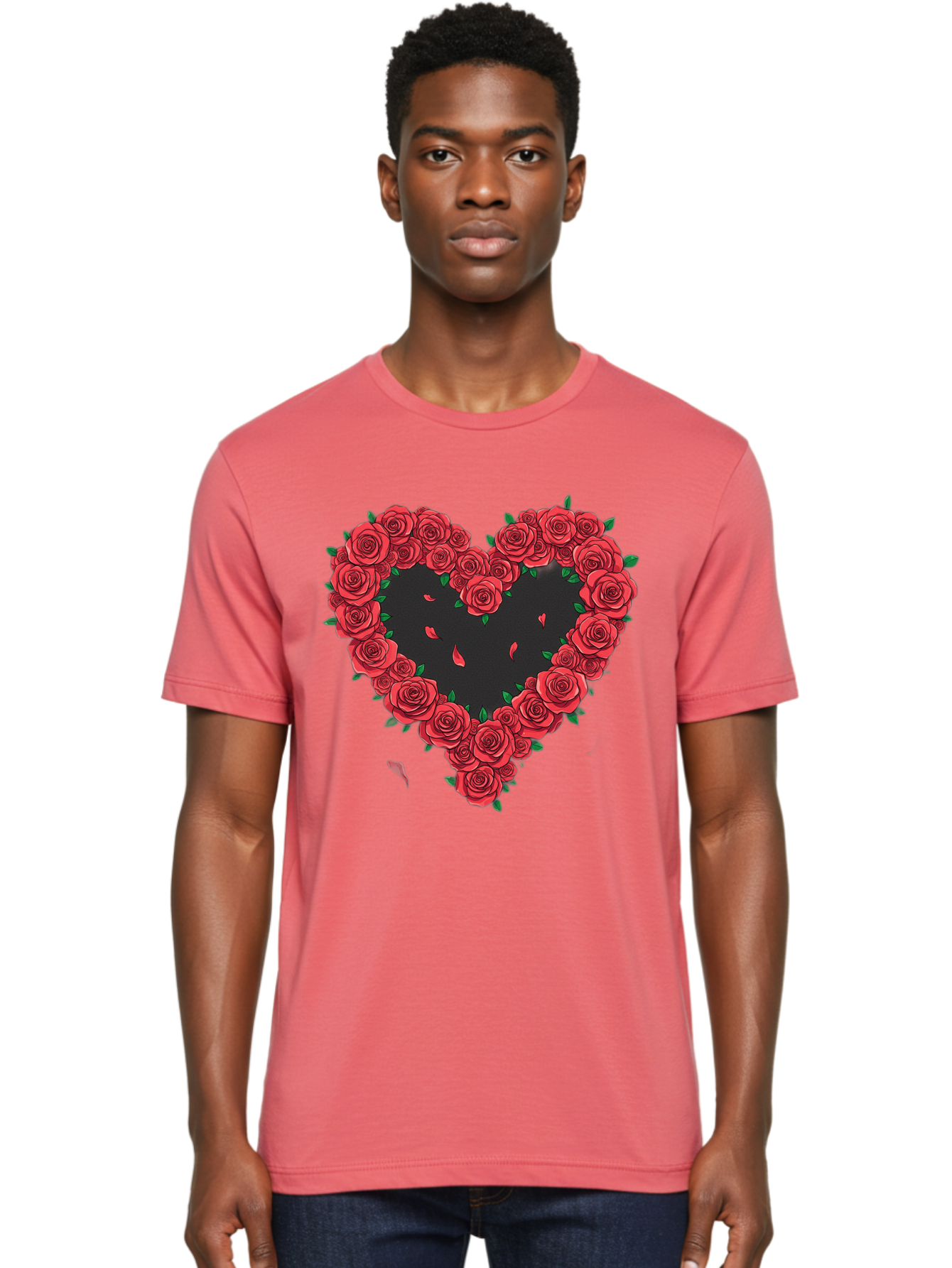 Heart-Of-Roses Men'S Graphic Tee, 100% Cotton, Comfortable Casual Summer Wear, Machine Washable, Heart Shape, Red Roses, Floral Arrangement, Love Symbol, Romance, Valentine'S Day, Beautiful Flowers, Rose Petals Bac034