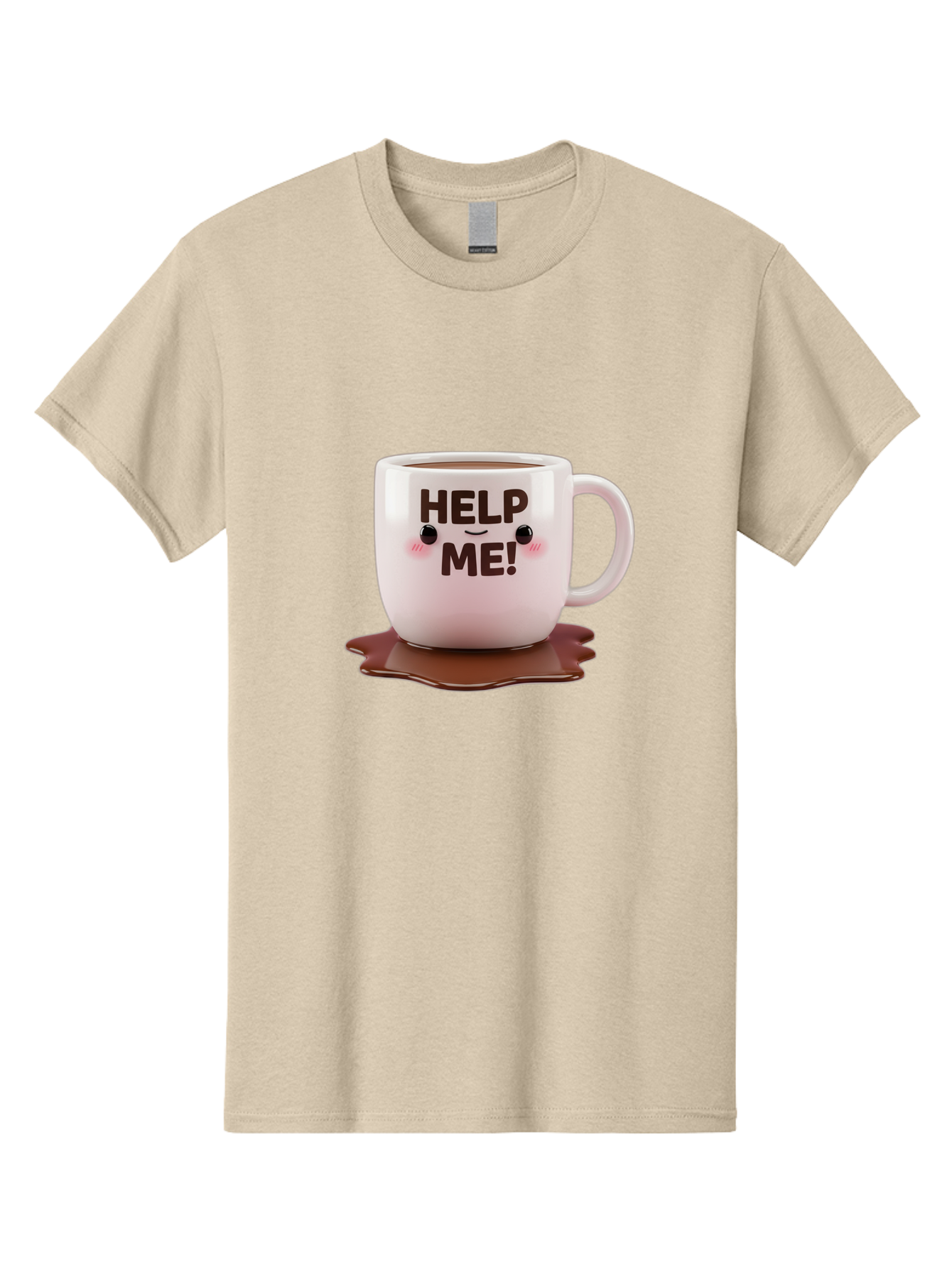 Help-Me-1 Men'S Graphic Tee, 100% Cotton, Comfortable Casual Summer Wear, Machine Washable, Help Me Coffee Mug, Cute Cartoon Design, Coffee Spill, Brown Liquid, Humorous Expression, Adorable Character, Cute Blush Cheeks, Coffee Lover Gift Bac035