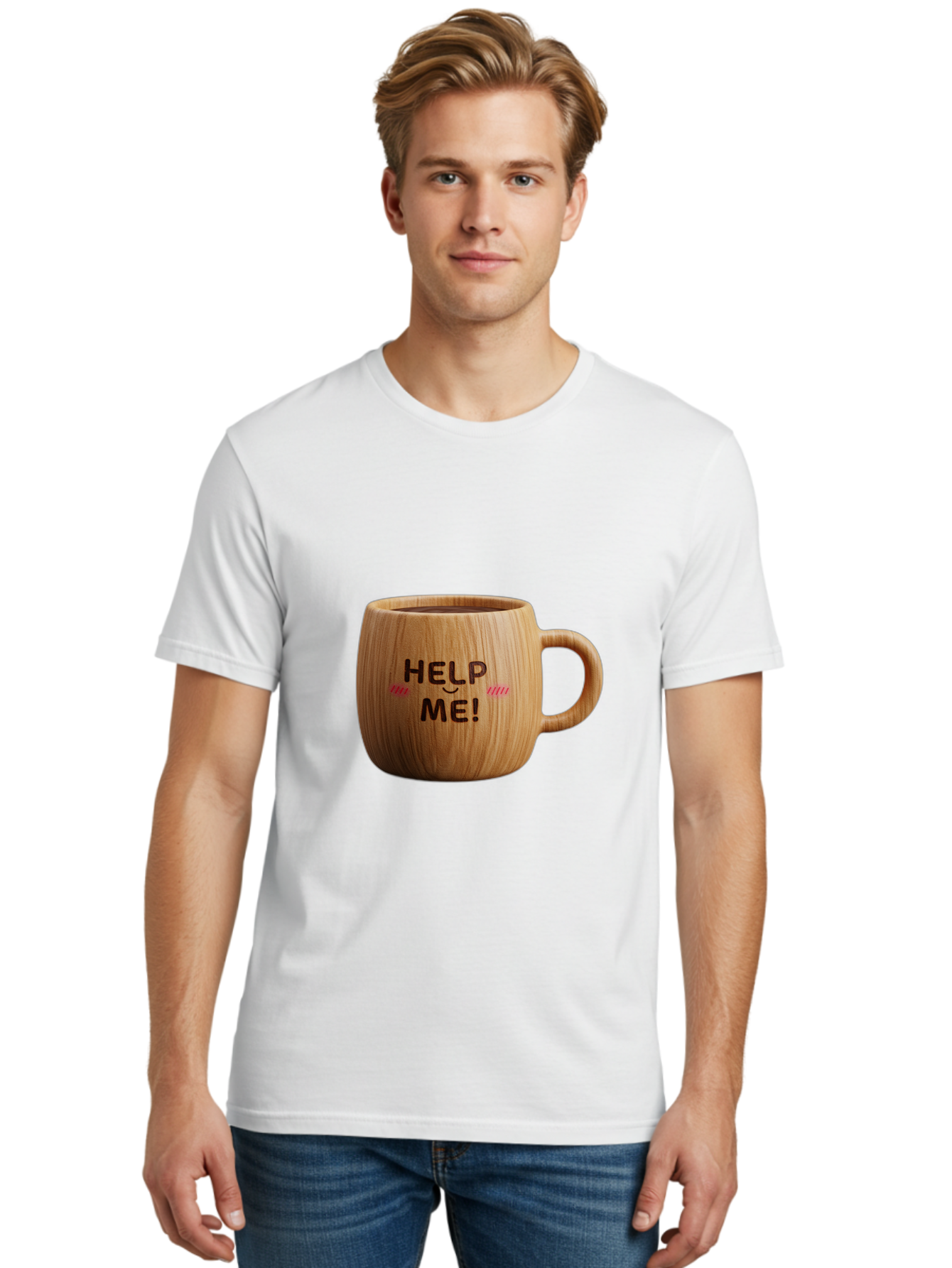 Help-Me-11 Men'S Graphic Tee, 100% Cotton, Comfortable Casual Summer Wear, Machine Washable, Wooden Coffee Mug, Text Design, Humorous Phrase, Funny Quote, Help Me, Quirky Decor, Novelty Gift, Unique Coffee Cup, Whimsical Illustration Bac037
