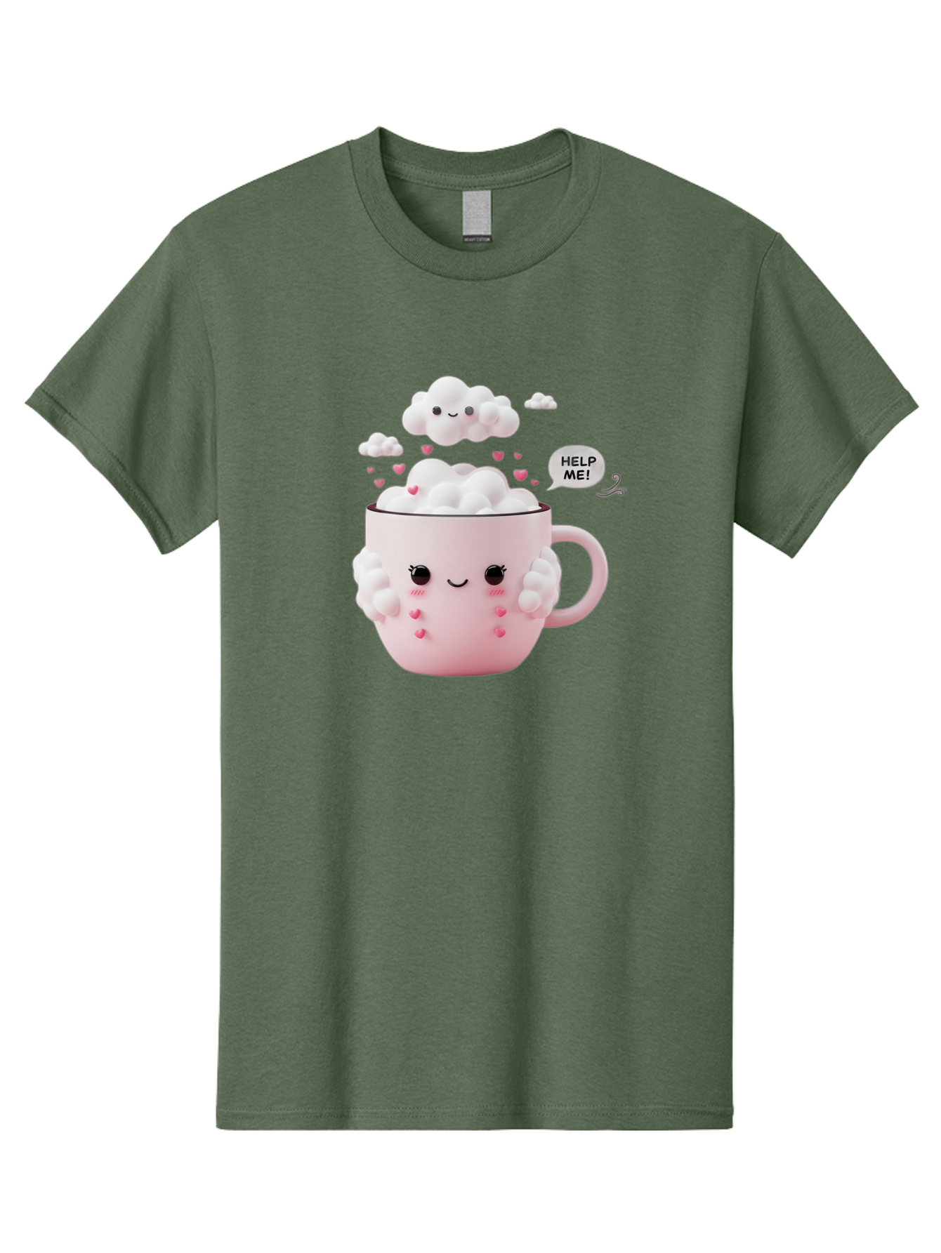 Help-Me-12 Men'S Graphic Tee, 100% Cotton, Comfortable Casual Summer Wear, Machine Washable, Cute Coffee Mug, Cartoon Character, Coffee Foam, Pink Hearts, Smiling Face, Speech Bubble, Help Me, Coffee Lover, Funny Illustration, Kawaii Art, Bac038