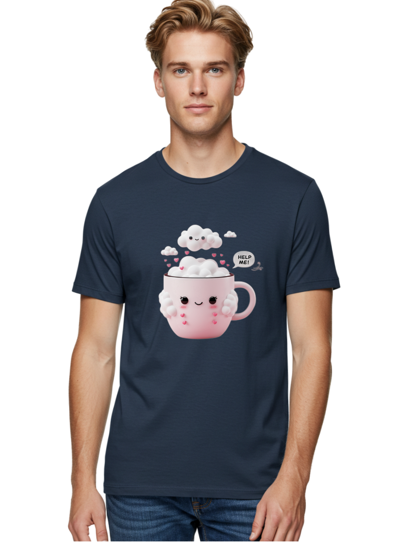 Help-Me-12 Men'S Graphic Tee, 100% Cotton, Comfortable Casual Summer Wear, Machine Washable, Cute Coffee Mug, Cartoon Character, Coffee Foam, Pink Hearts, Smiling Face, Speech Bubble, Help Me, Coffee Lover, Funny Illustration, Kawaii Art, Bac038