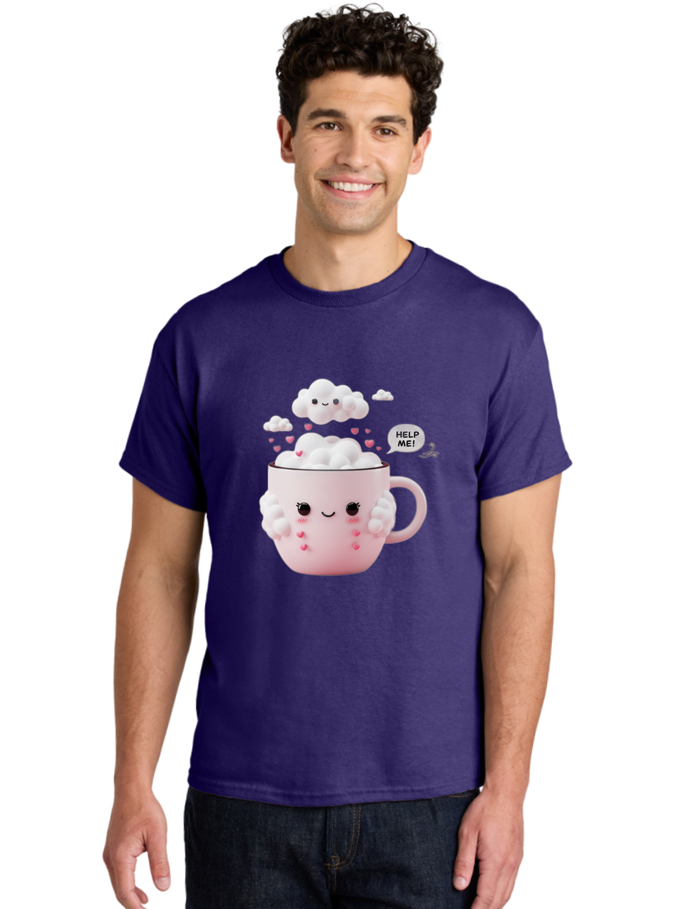 Help-Me-12 Men'S Graphic Tee, 100% Cotton, Comfortable Casual Summer Wear, Machine Washable, Cute Coffee Mug, Cartoon Character, Coffee Foam, Pink Hearts, Smiling Face, Speech Bubble, Help Me, Coffee Lover, Funny Illustration, Kawaii Art, Bac038