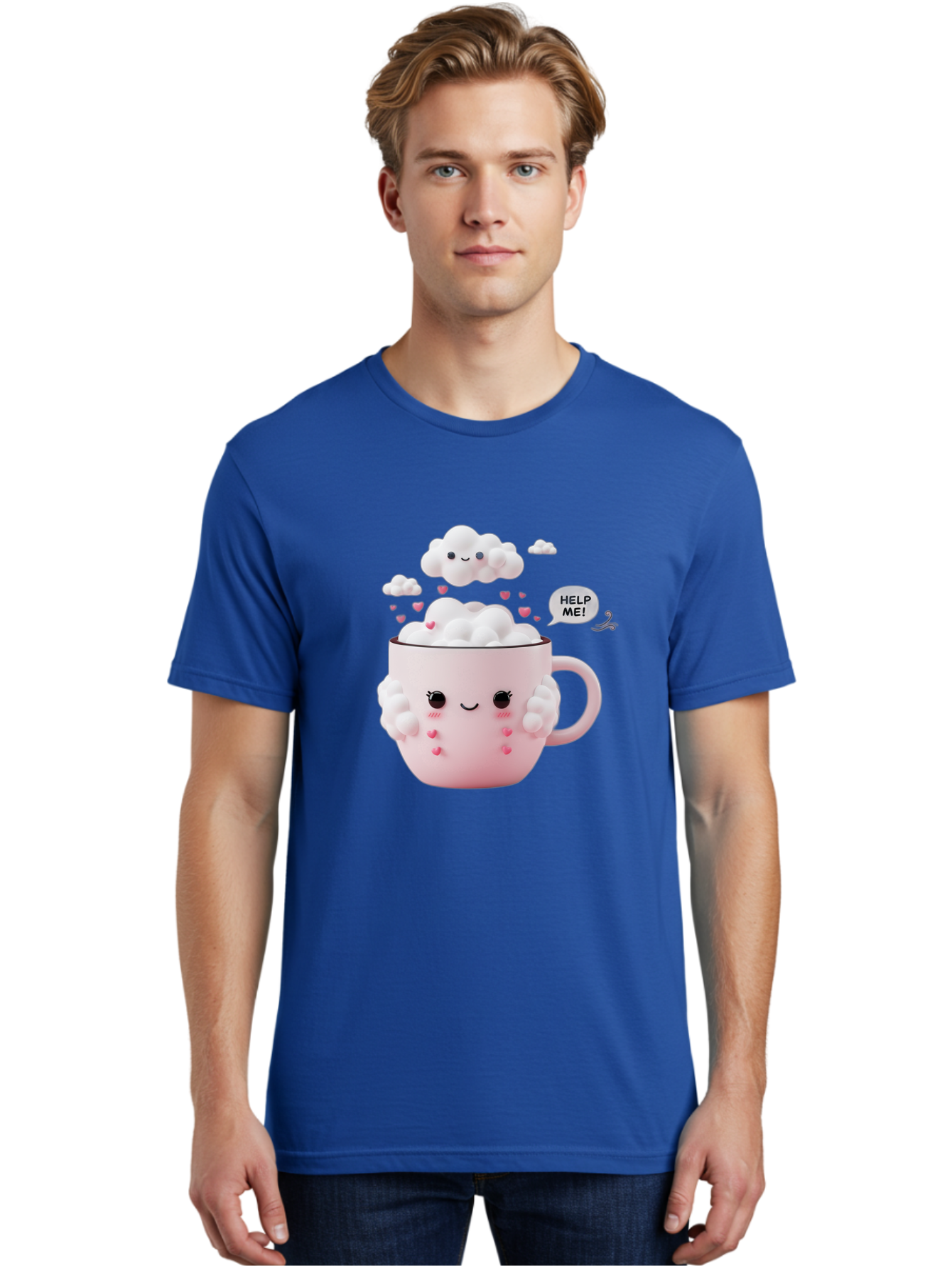 Help-Me-12 Men'S Graphic Tee, 100% Cotton, Comfortable Casual Summer Wear, Machine Washable, Cute Coffee Mug, Cartoon Character, Coffee Foam, Pink Hearts, Smiling Face, Speech Bubble, Help Me, Coffee Lover, Funny Illustration, Kawaii Art, Bac038