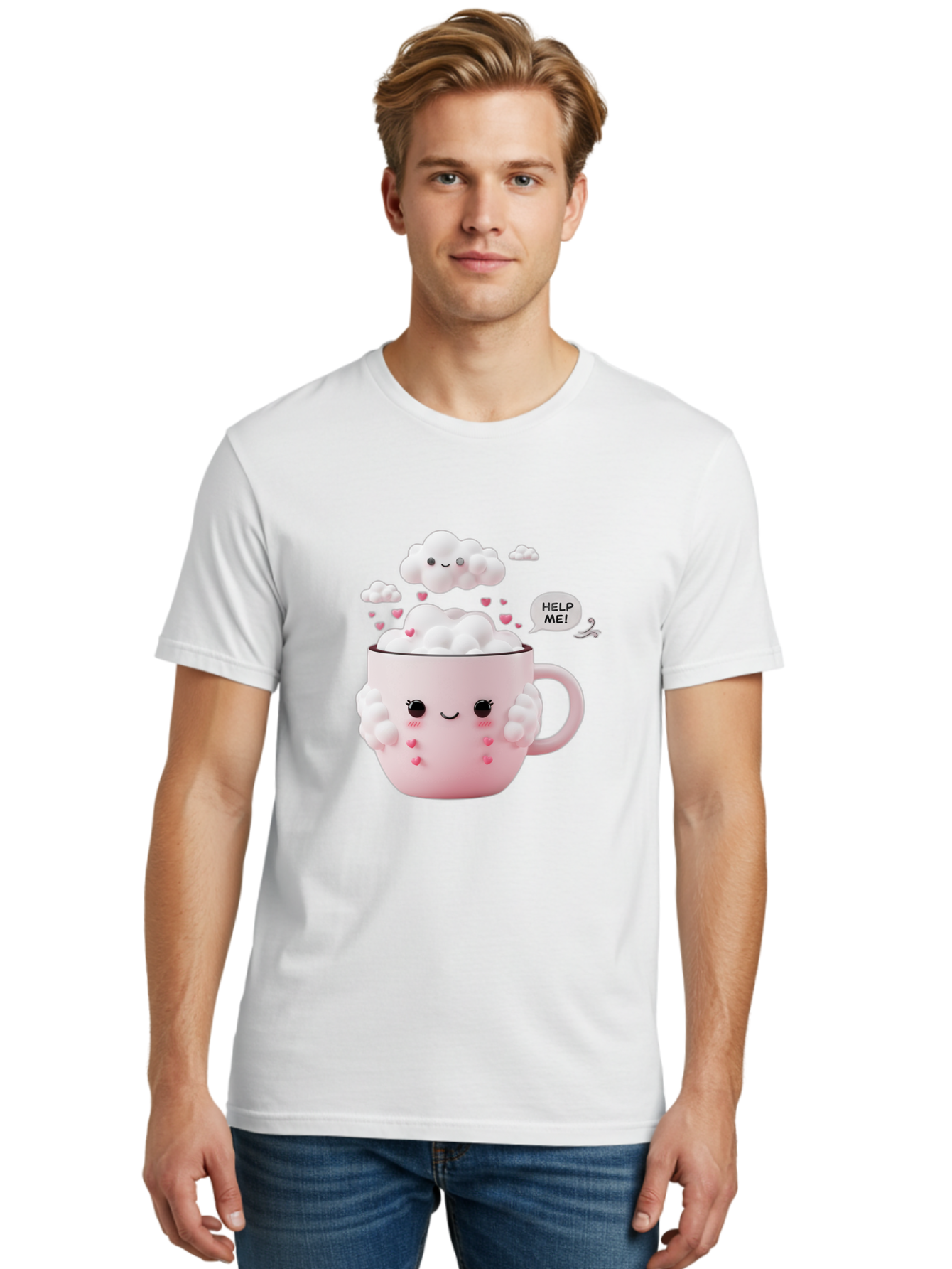 Help-Me-12 Men'S Graphic Tee, 100% Cotton, Comfortable Casual Summer Wear, Machine Washable, Cute Coffee Mug, Cartoon Character, Coffee Foam, Pink Hearts, Smiling Face, Speech Bubble, Help Me, Coffee Lover, Funny Illustration, Kawaii Art, Bac038