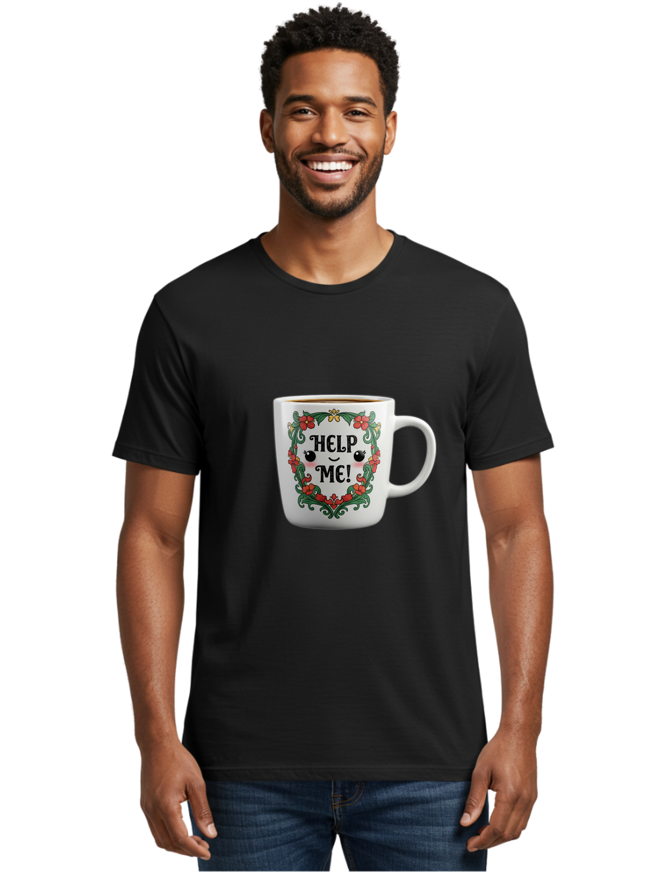 Help-Me-13 Men'S Graphic Tee, 100% Cotton, Comfortable Casual Summer Wear, Machine Washable, Funny Coffee Mug, Quirky Design, Distressed Humor, Floral Wreath, Cute Face, Humorous Quote, Playful Design, Novelty Mug, Coffee Lover Gift Bac039