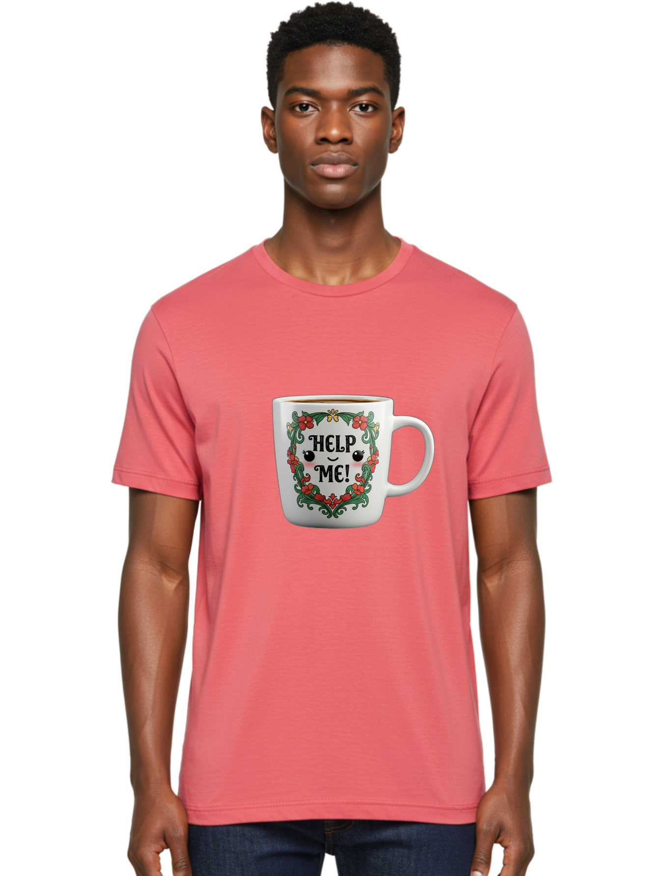 Help-Me-13 Men'S Graphic Tee, 100% Cotton, Comfortable Casual Summer Wear, Machine Washable, Funny Coffee Mug, Quirky Design, Distressed Humor, Floral Wreath, Cute Face, Humorous Quote, Playful Design, Novelty Mug, Coffee Lover Gift Bac039
