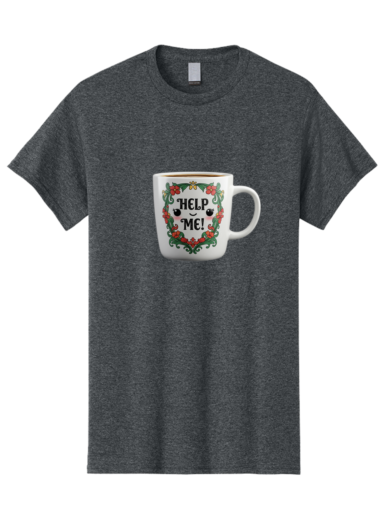 Help-Me-13 Men'S Graphic Tee, 100% Cotton, Comfortable Casual Summer Wear, Machine Washable, Funny Coffee Mug, Quirky Design, Distressed Humor, Floral Wreath, Cute Face, Humorous Quote, Playful Design, Novelty Mug, Coffee Lover Gift Bac039