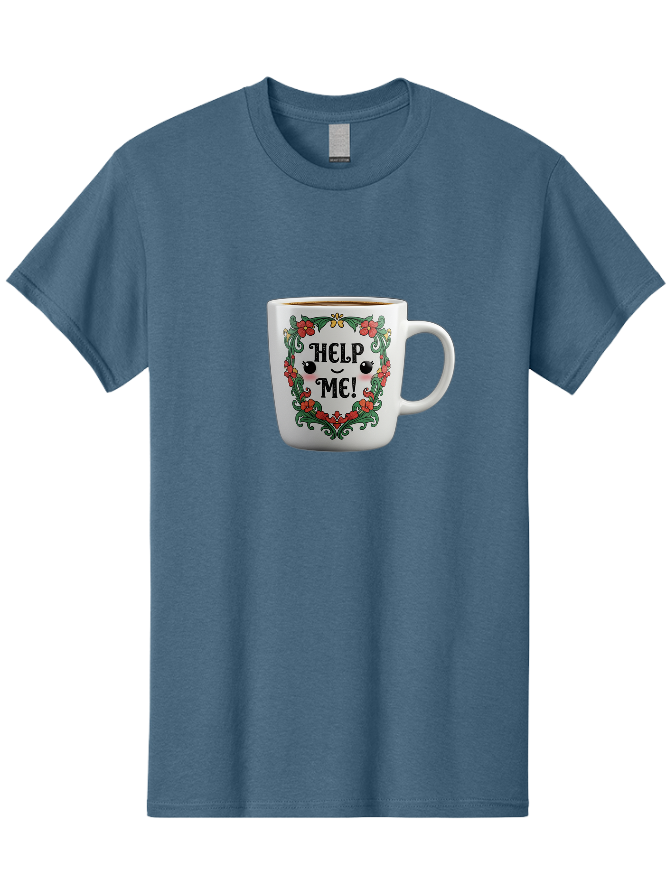 Help-Me-13 Men'S Graphic Tee, 100% Cotton, Comfortable Casual Summer Wear, Machine Washable, Funny Coffee Mug, Quirky Design, Distressed Humor, Floral Wreath, Cute Face, Humorous Quote, Playful Design, Novelty Mug, Coffee Lover Gift Bac039