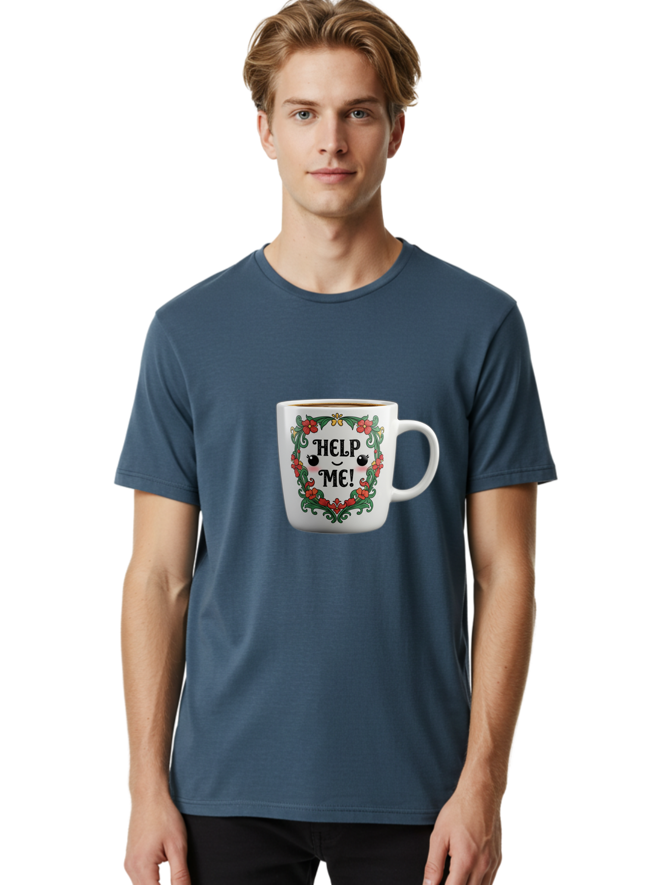 Help-Me-13 Men'S Graphic Tee, 100% Cotton, Comfortable Casual Summer Wear, Machine Washable, Funny Coffee Mug, Quirky Design, Distressed Humor, Floral Wreath, Cute Face, Humorous Quote, Playful Design, Novelty Mug, Coffee Lover Gift Bac039
