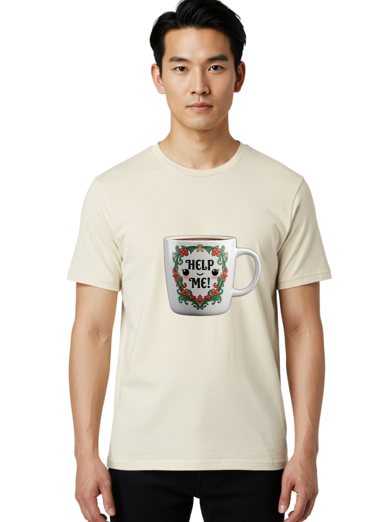 Help-Me-13 Men'S Graphic Tee, 100% Cotton, Comfortable Casual Summer Wear, Machine Washable, Funny Coffee Mug, Quirky Design, Distressed Humor, Floral Wreath, Cute Face, Humorous Quote, Playful Design, Novelty Mug, Coffee Lover Gift Bac039