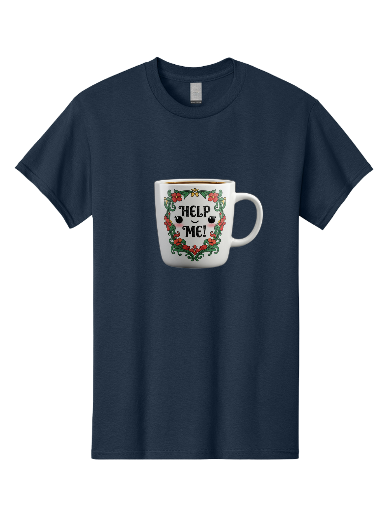Help-Me-13 Men'S Graphic Tee, 100% Cotton, Comfortable Casual Summer Wear, Machine Washable, Funny Coffee Mug, Quirky Design, Distressed Humor, Floral Wreath, Cute Face, Humorous Quote, Playful Design, Novelty Mug, Coffee Lover Gift Bac039