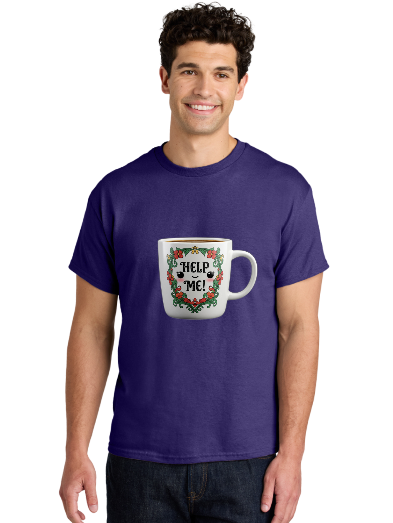 Help-Me-13 Men'S Graphic Tee, 100% Cotton, Comfortable Casual Summer Wear, Machine Washable, Funny Coffee Mug, Quirky Design, Distressed Humor, Floral Wreath, Cute Face, Humorous Quote, Playful Design, Novelty Mug, Coffee Lover Gift Bac039