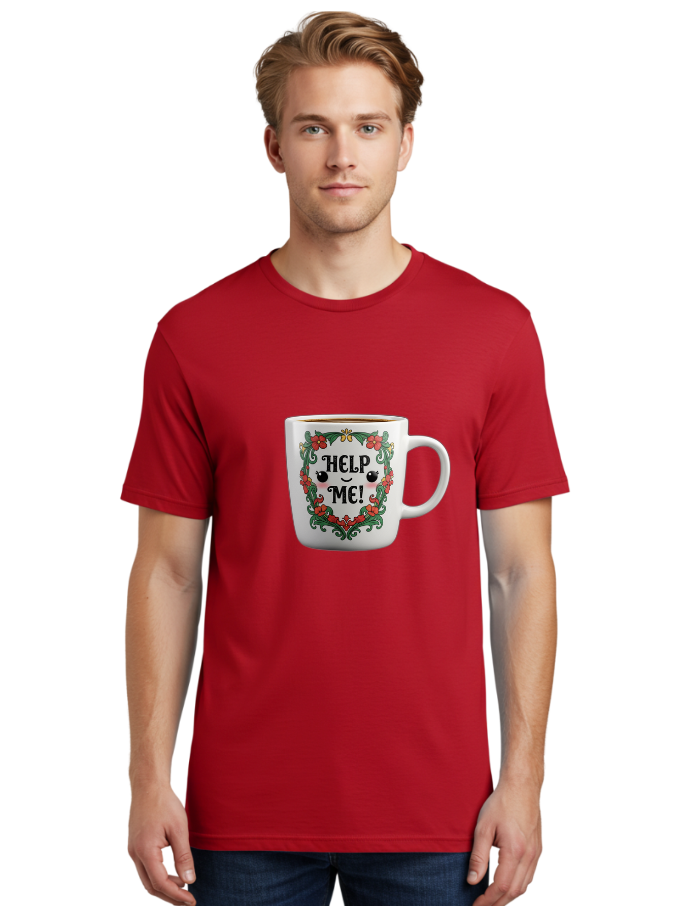 Help-Me-13 Men'S Graphic Tee, 100% Cotton, Comfortable Casual Summer Wear, Machine Washable, Funny Coffee Mug, Quirky Design, Distressed Humor, Floral Wreath, Cute Face, Humorous Quote, Playful Design, Novelty Mug, Coffee Lover Gift Bac039